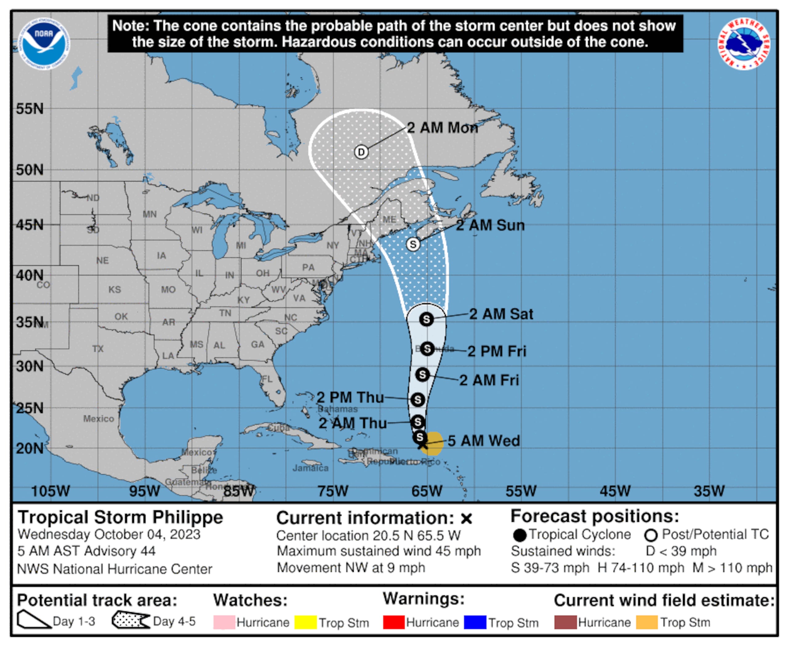 Pronóstico de la tormenta tropical Philippe emitido a las 5:00 de la mañana del 4 de octubre de 2023.