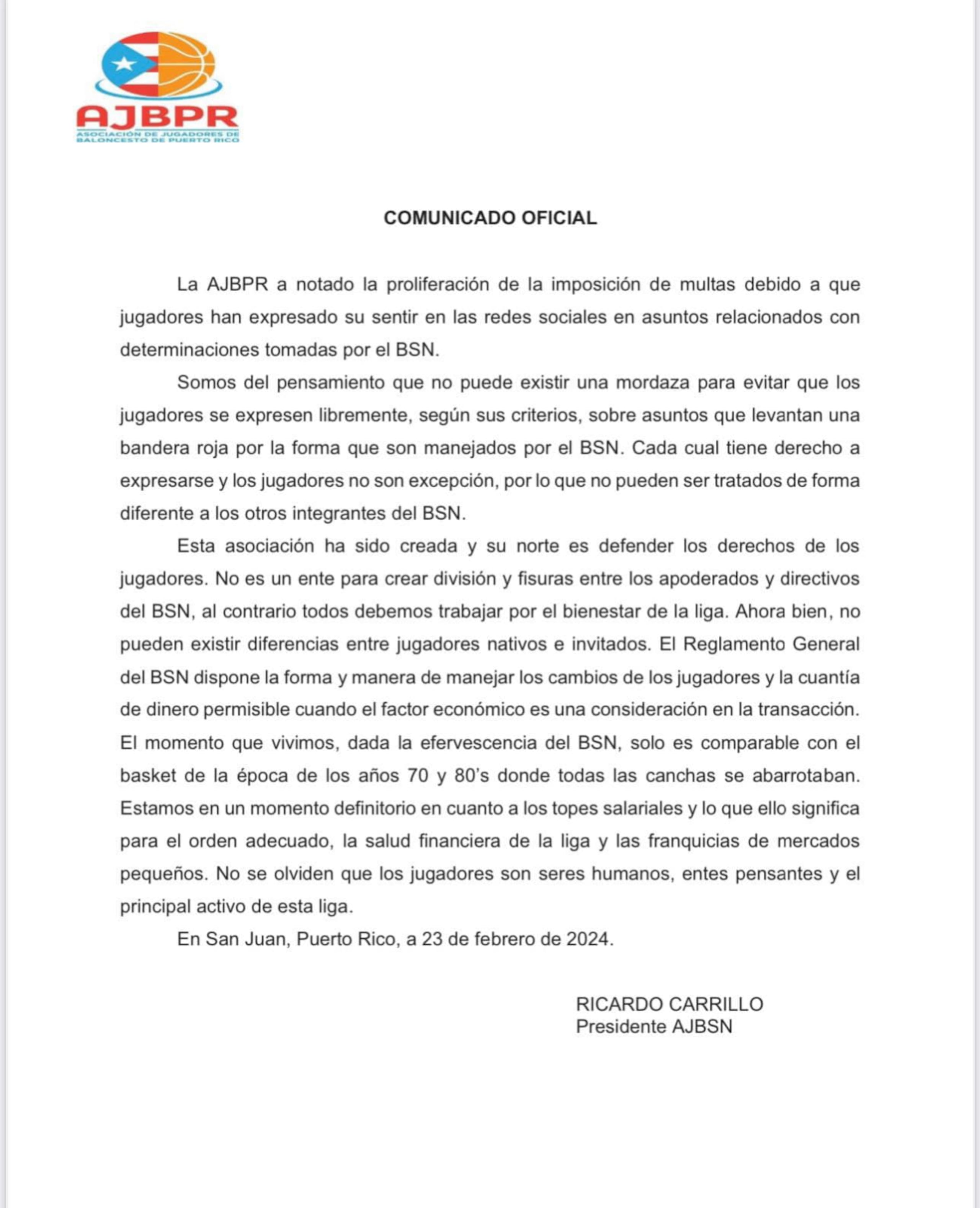 Comunicado de la Asociación de Jugadores de Baloncesto de Puerto Rico.
