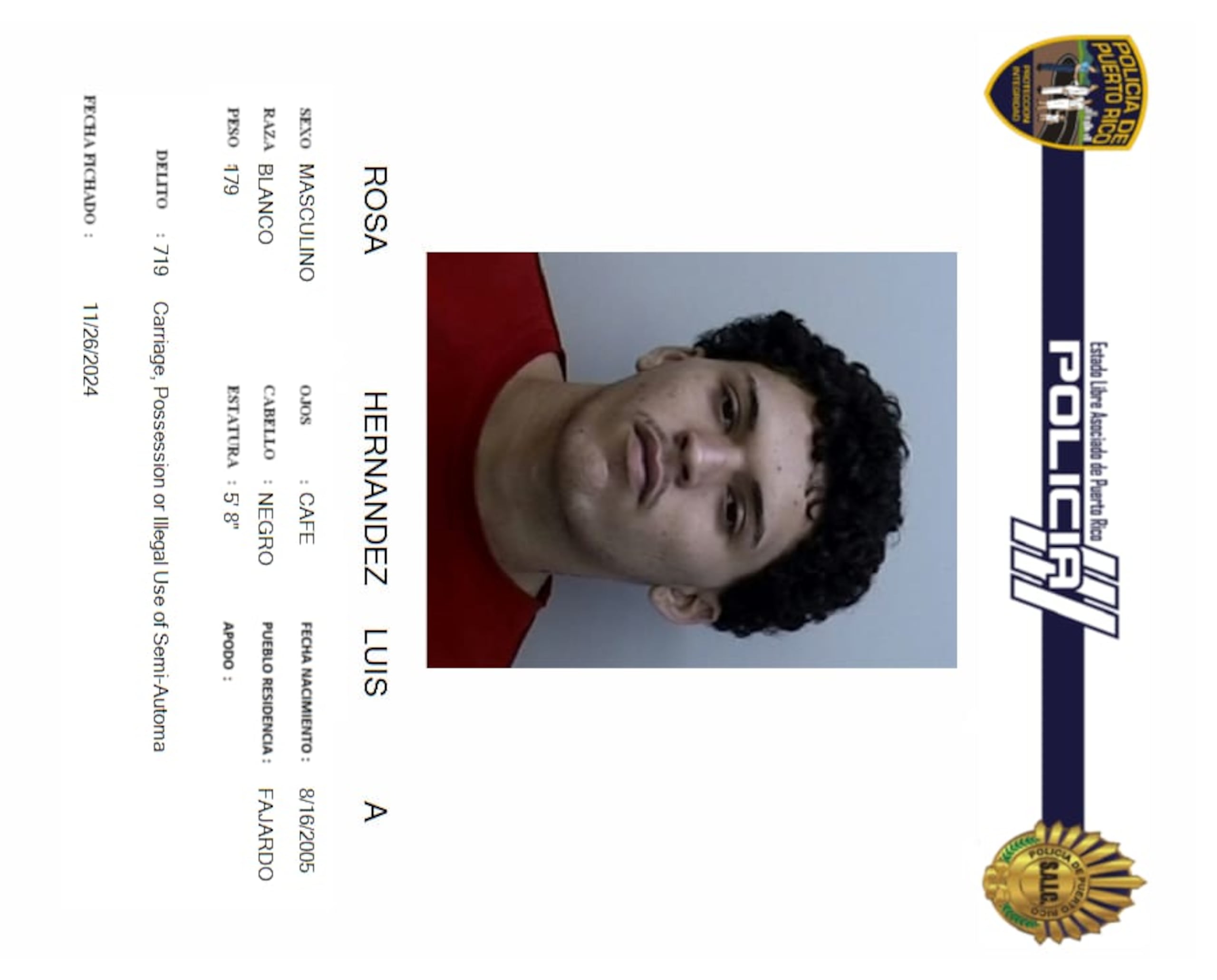 Luis A. Rosa Hernández, acusado por violación a la Ley de Armas.