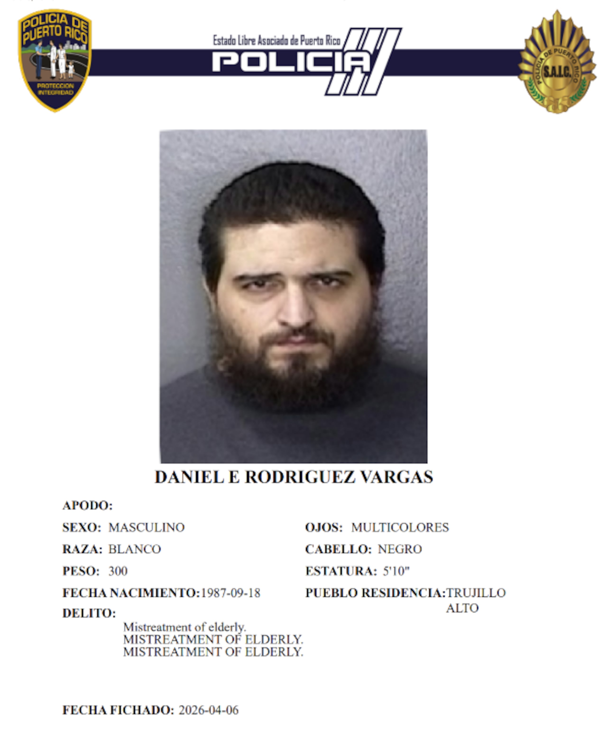 Daniel E. Rodríguez Vargas, enfrenta un cargo por maltrato a un septuagenario en Trujillo Alto.