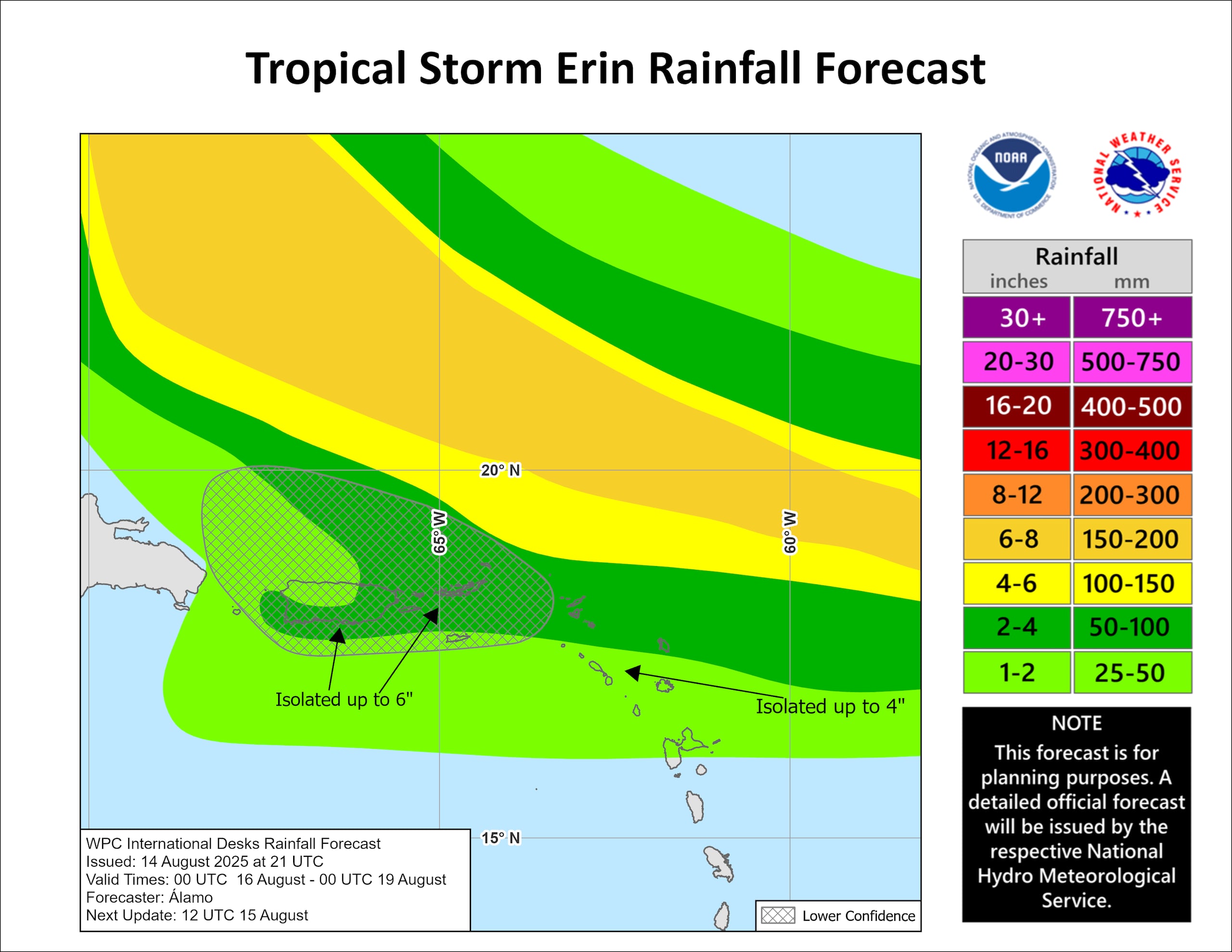 Cantidad de lluvia pronostica por el paso de Erin. (NOAA)