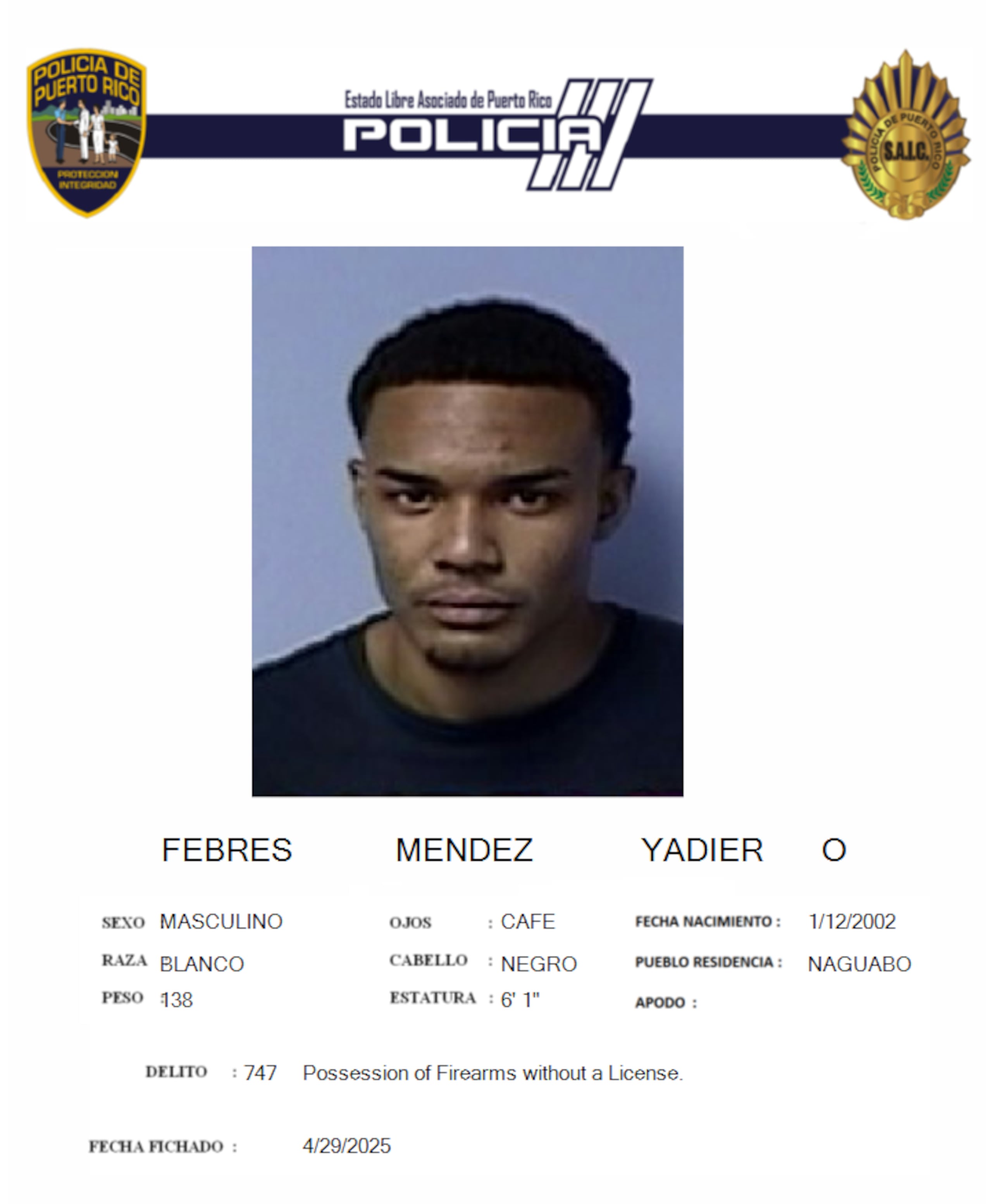 Yadier O. Febres Méndez, fue acusado por violación a la Ley de Armas de Fuego.