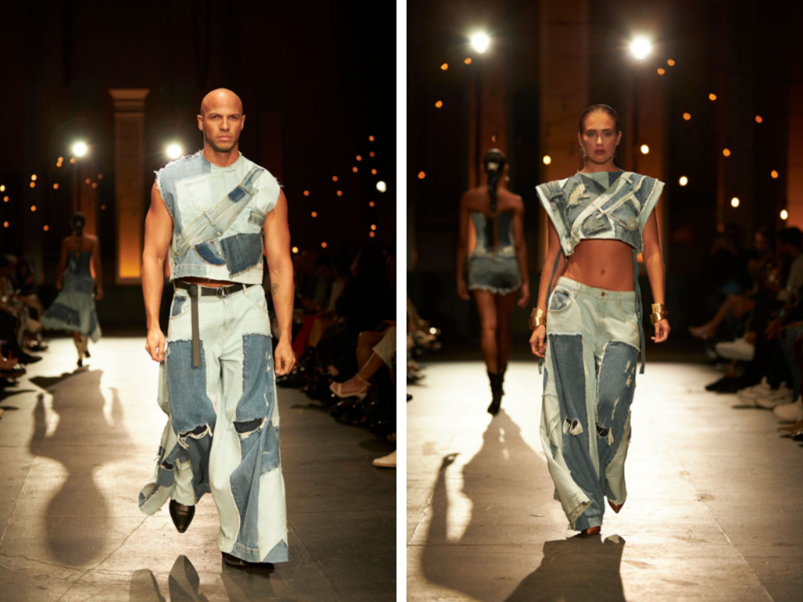 Algunos de los looks presentados en pasarela fueron creados con retazos de mahón reciclado.