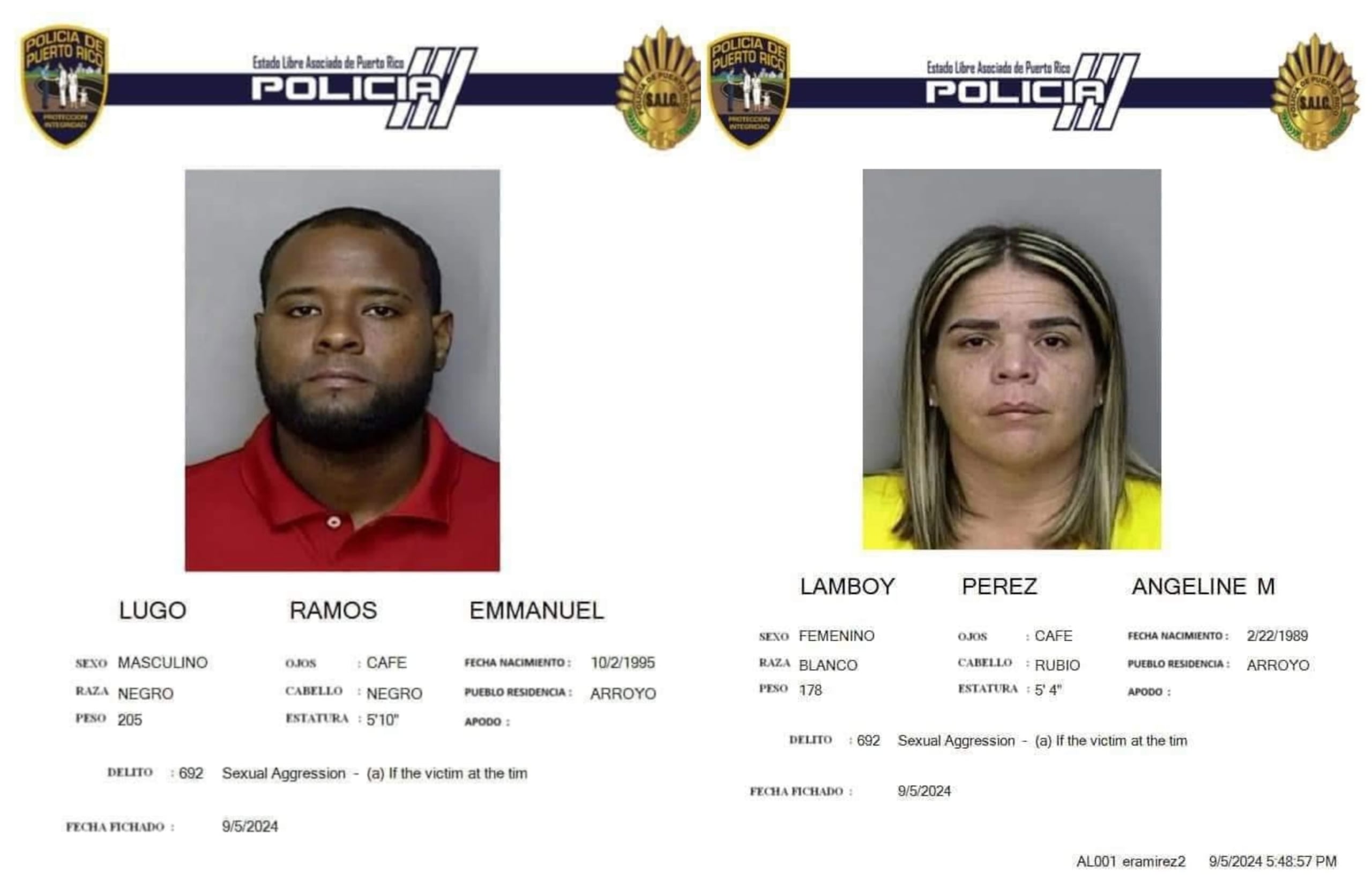 Fichas policíacas de Emmanuel Lugo Ramos y Angeline Lamboy Pérez.