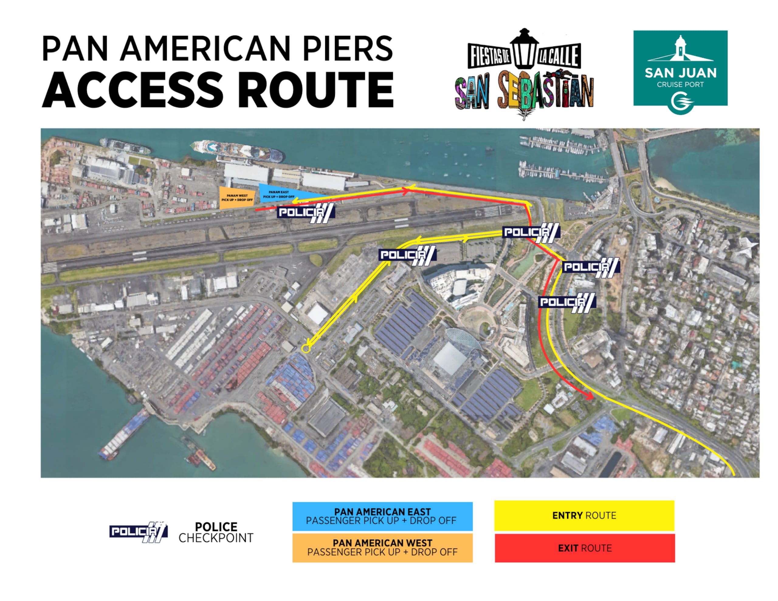 Mapa de las rutas para embarcar cruceros durante las celebraciones de las Fiestas de la Calle San Sebastián.