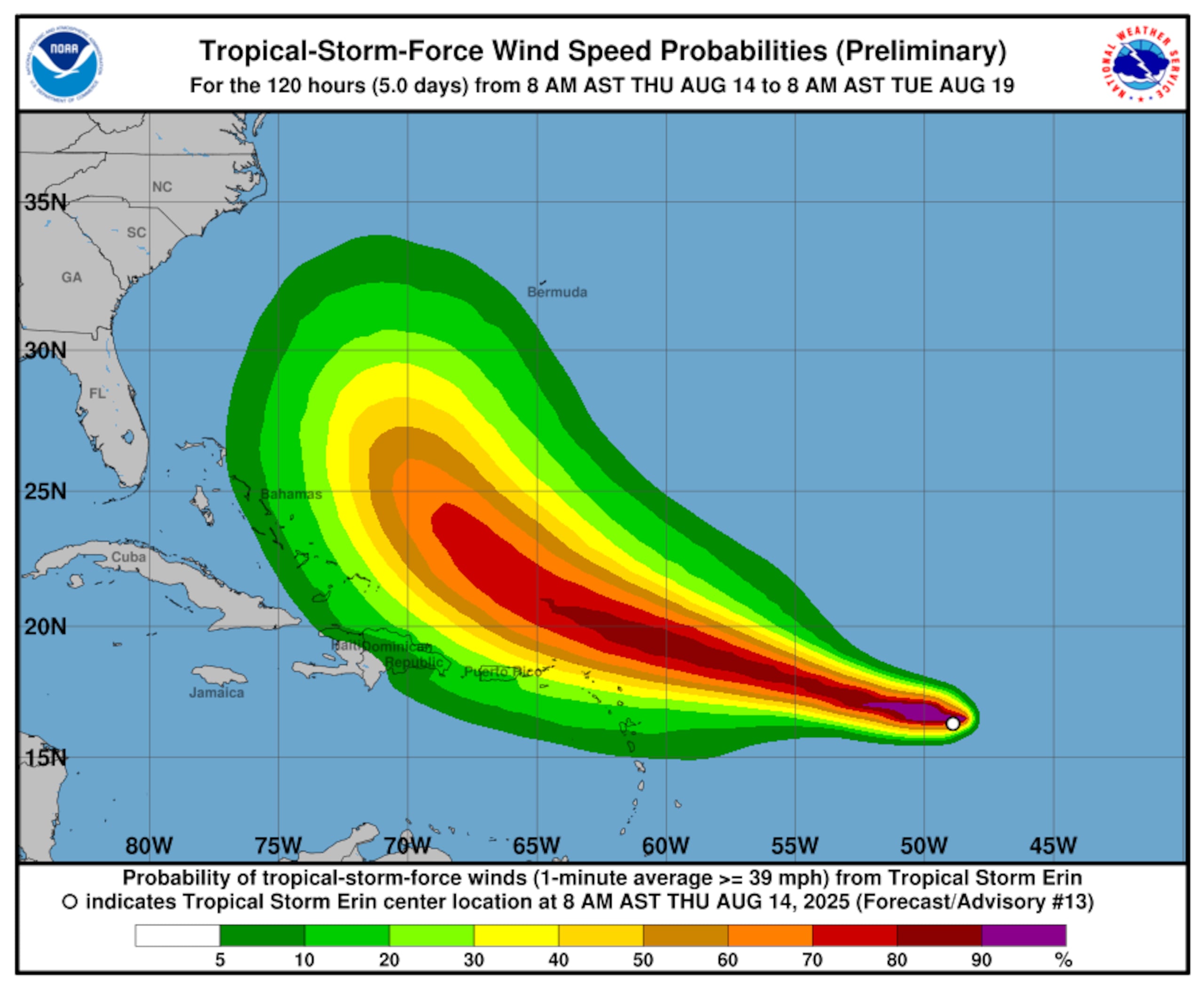 La posibilidad de vientos de tormenta tropical de Erin. (NOAA)