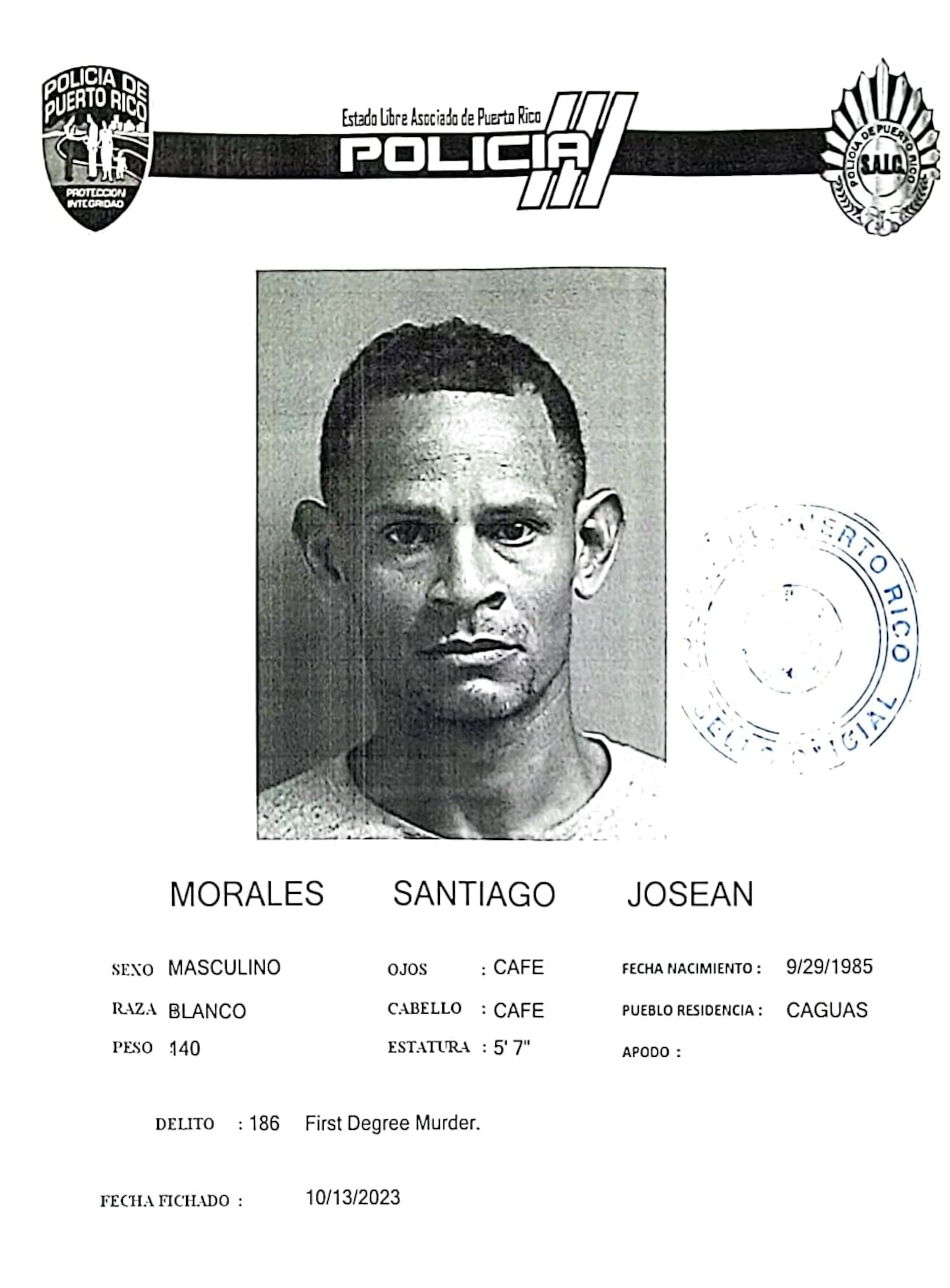 Josean Morales Santiago enfrenta acusaciones por asesinato y violación a la Ley de Armas.