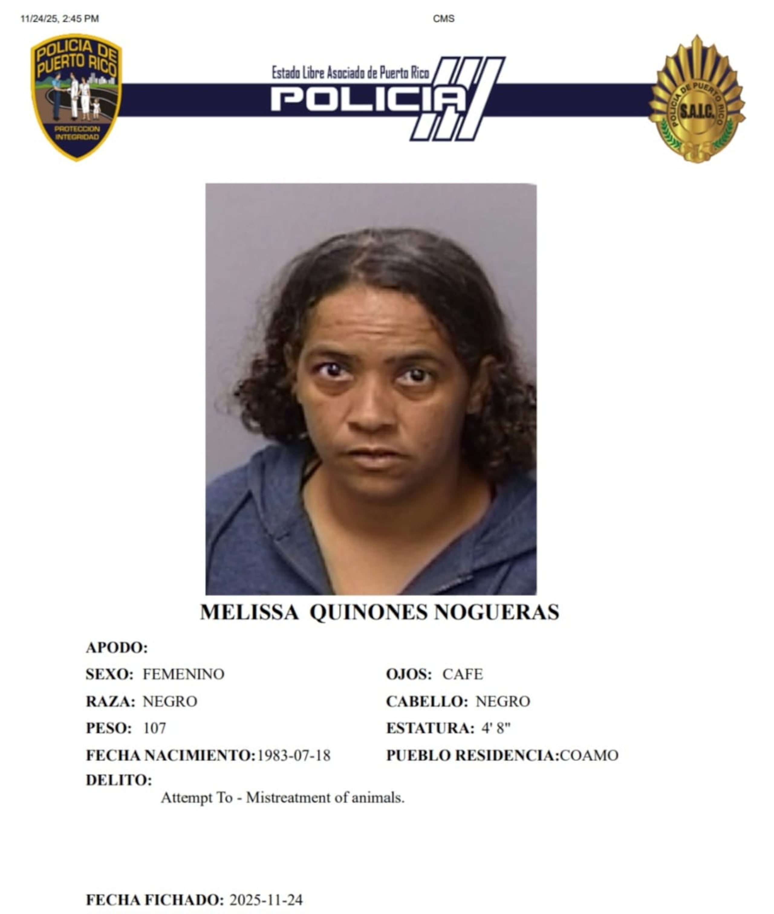Melissa Quiñones Nogueras enfrenta cargos por maltrato de animales.