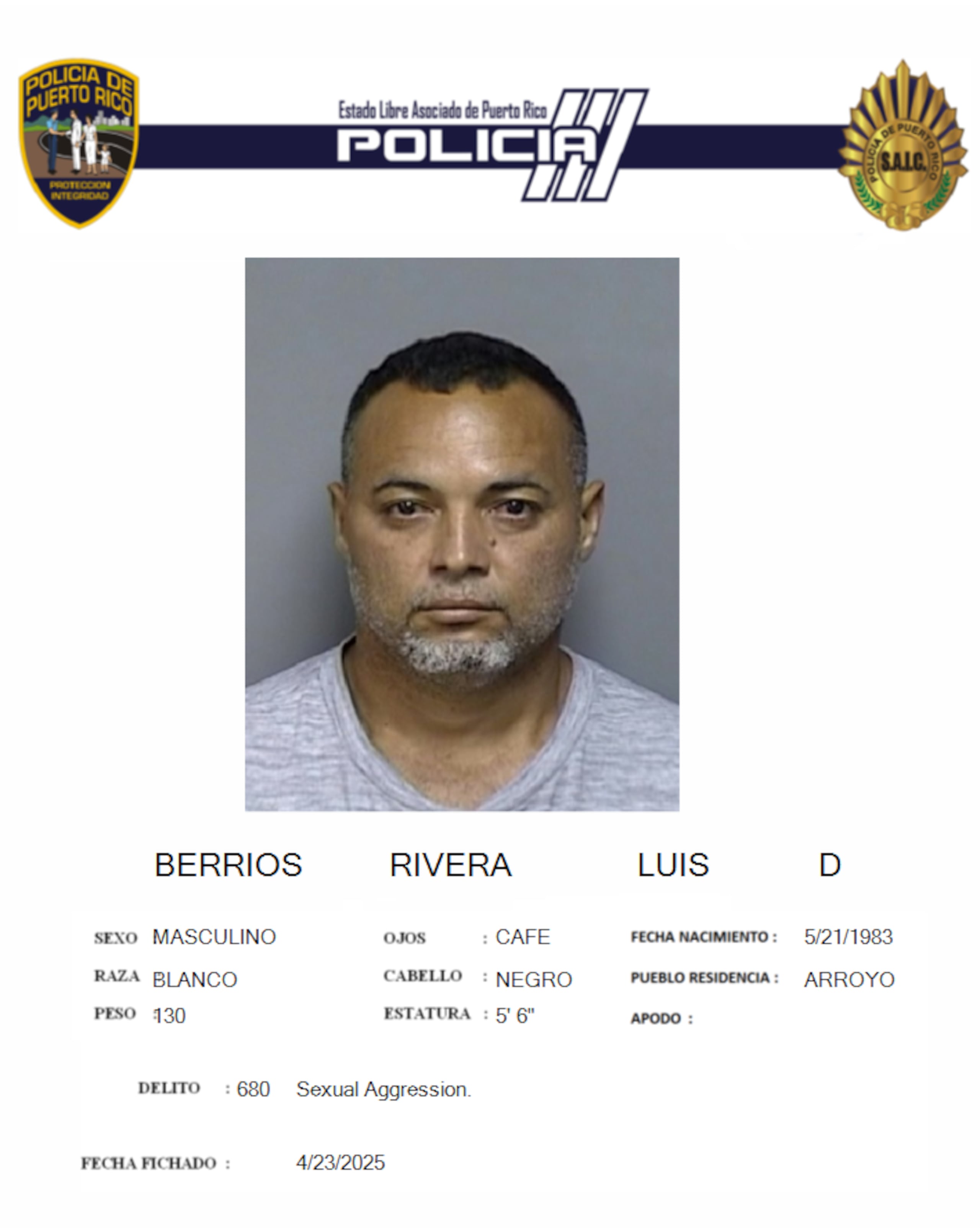 Ficha policíaca del imputado, Luis Daniel Berríos Rivera.