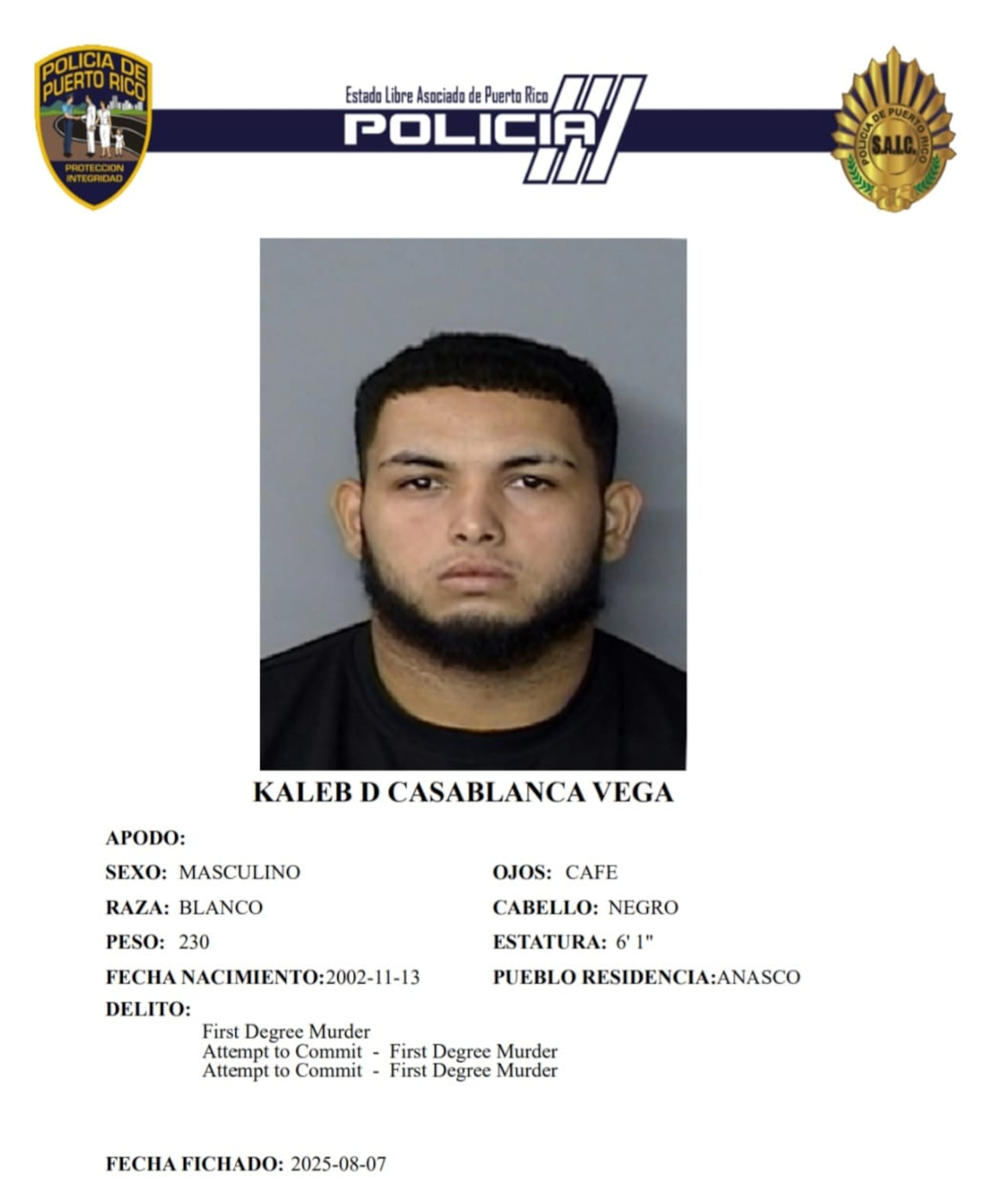 Kaleb D. Casablanca Vega, fue acusado por asesinato en primer grado, cinco tentativas de asesinato y violación a la Ley de Armas.