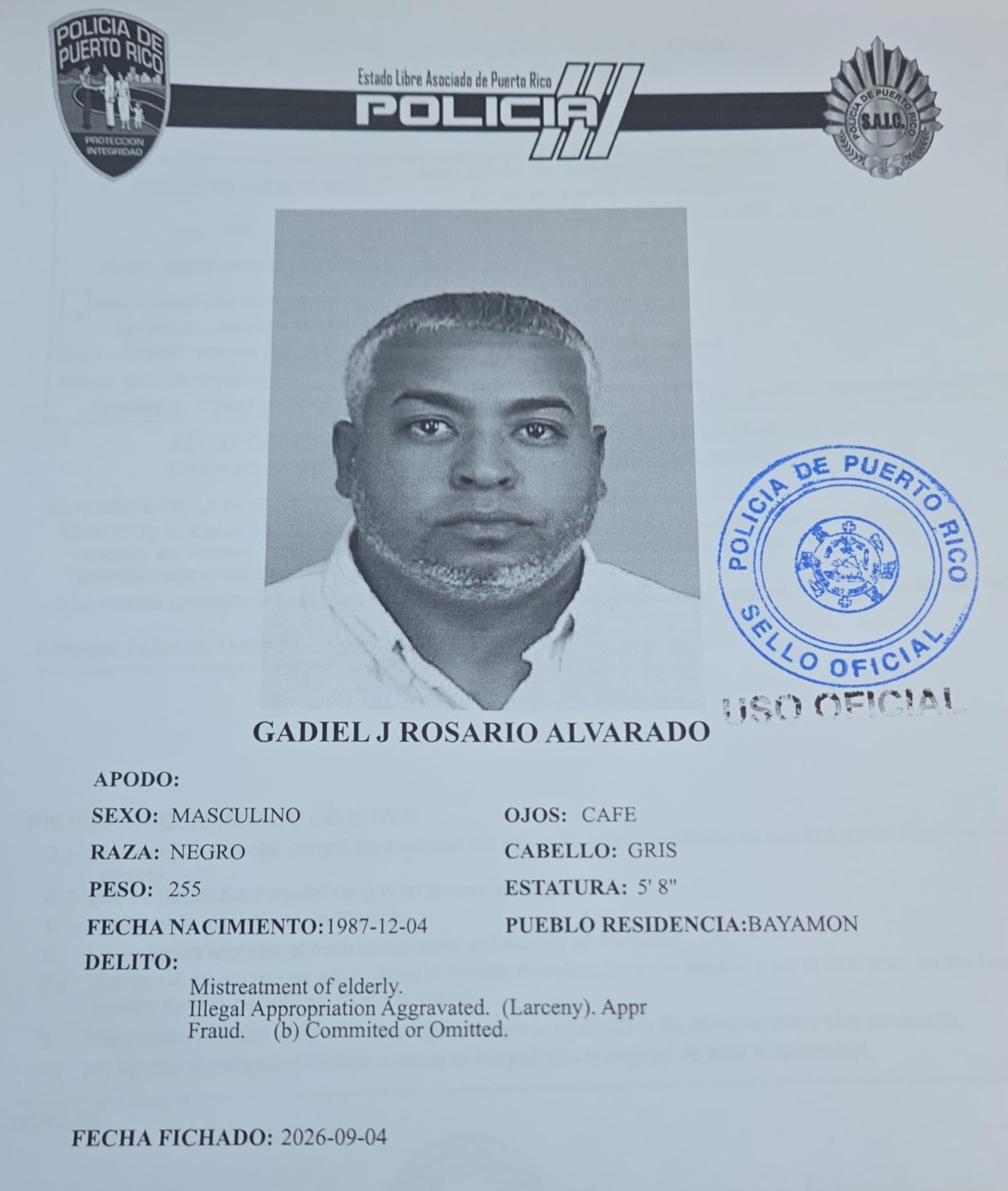A Gadiel J. Rosario Alvarado, se le radicaron cargos por fraude, maltrato a personas de edad avanzada y apropiación ilegal agravada.