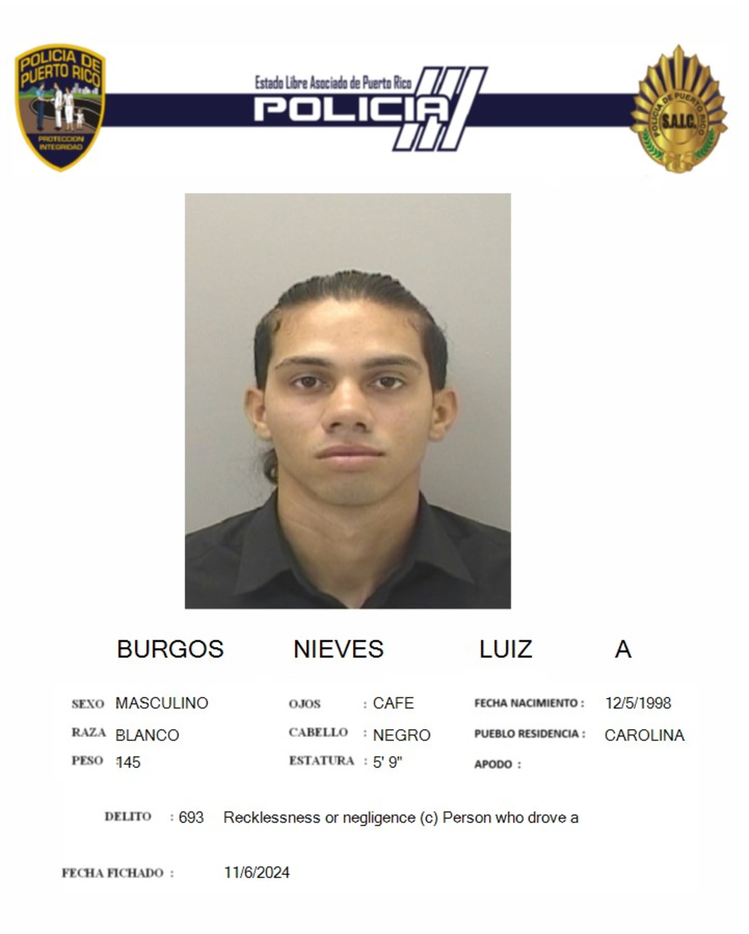 Luiz A. Burgos Nieves, fue acusado por manejar un vehículo bajo los efectos de bebidas embriagantes, causarle la muerte mediante bebidas embriagantes e imprudencia y negligencia ocasionando la muerte, de la Ley 22 de Vehículos y Tránsito.