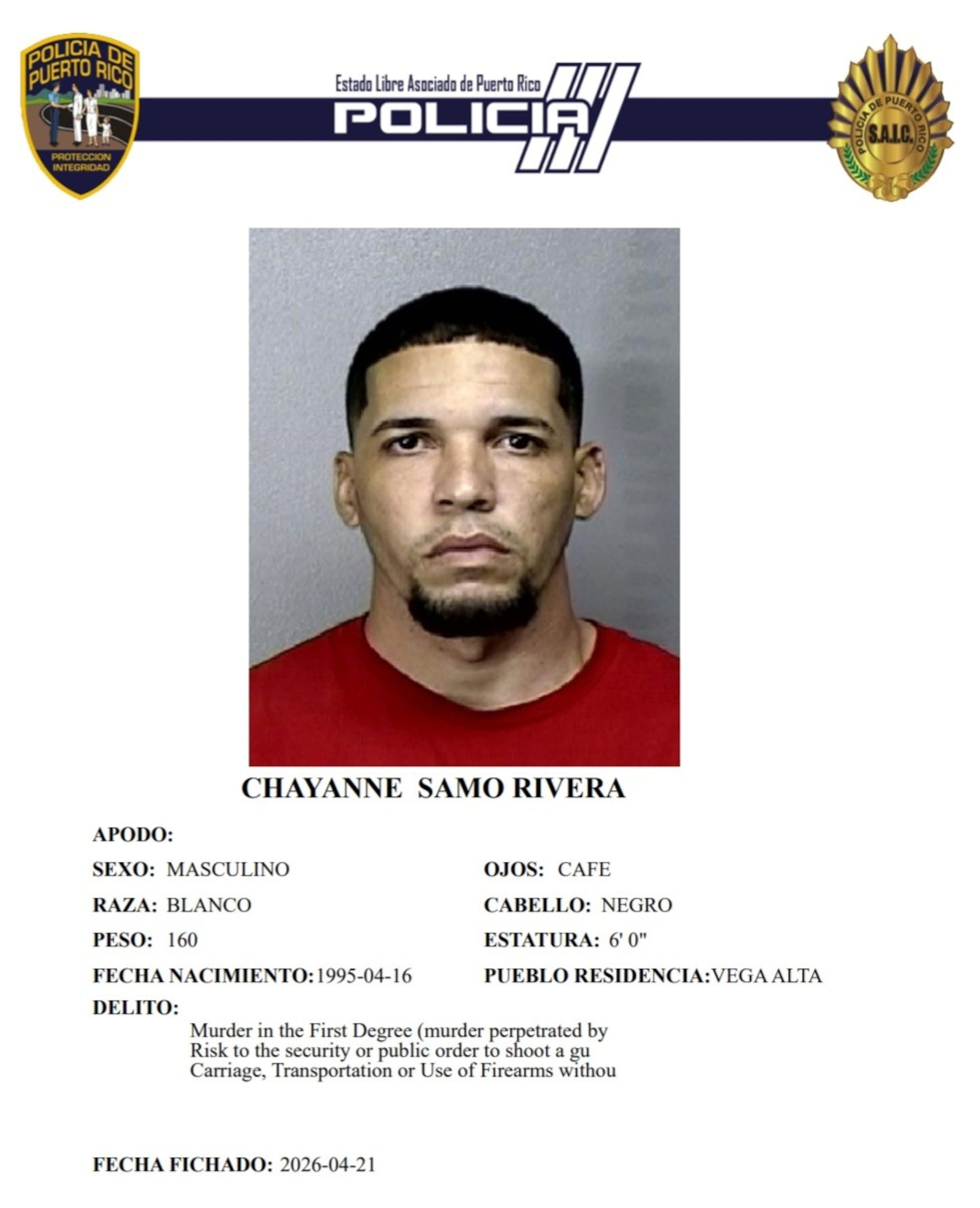 A Chayanne Samo Rivera, le radicaron cargos por asesinato en primer grado y violación a varios artículos de la Ley de Armas.