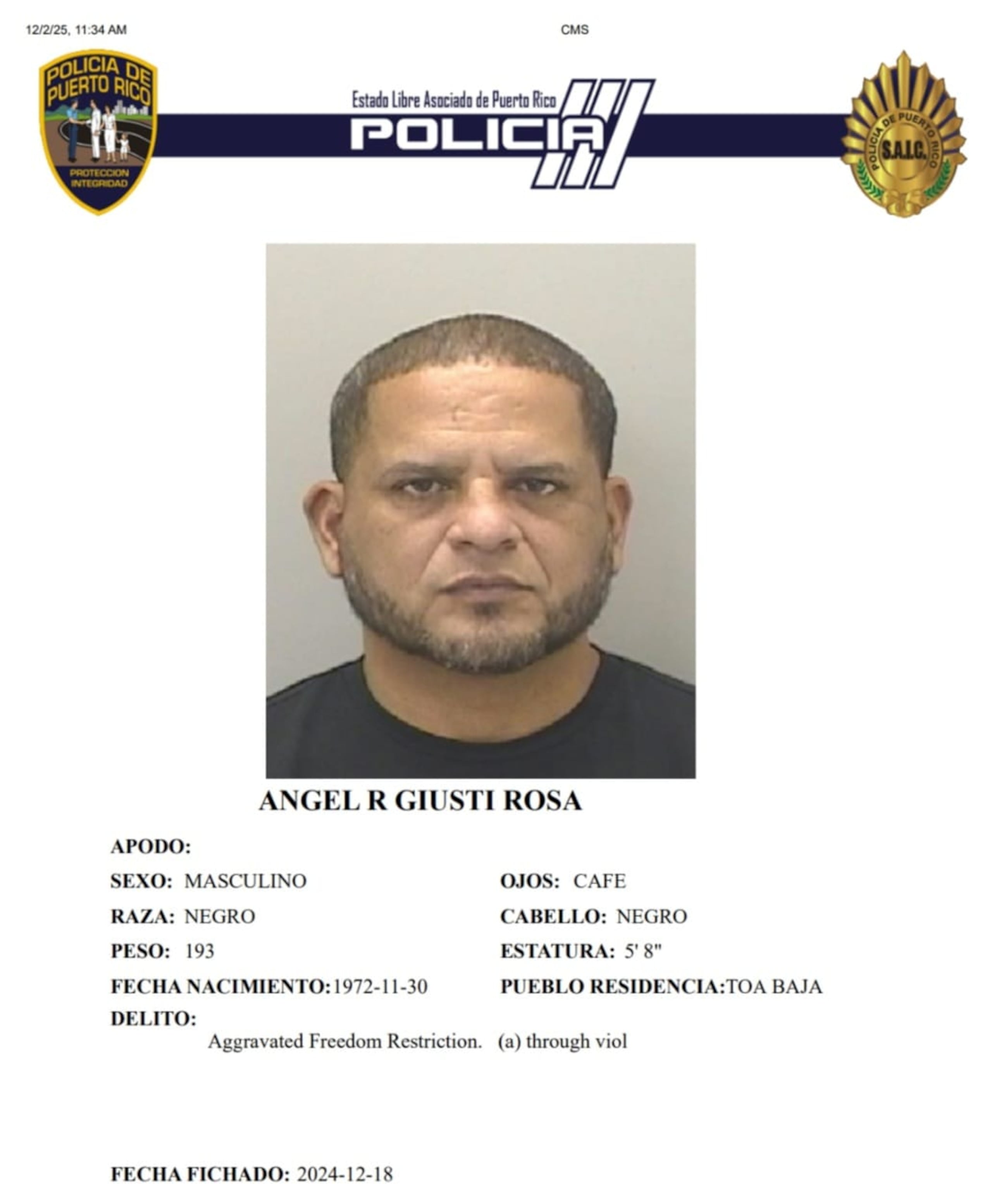 Ángel R. Giusti Rosa, fue sumariado de la policía antes de enfrentar cargos federales por violación de derechos civiles, falsificación de documentos y prestar falso testimonio.