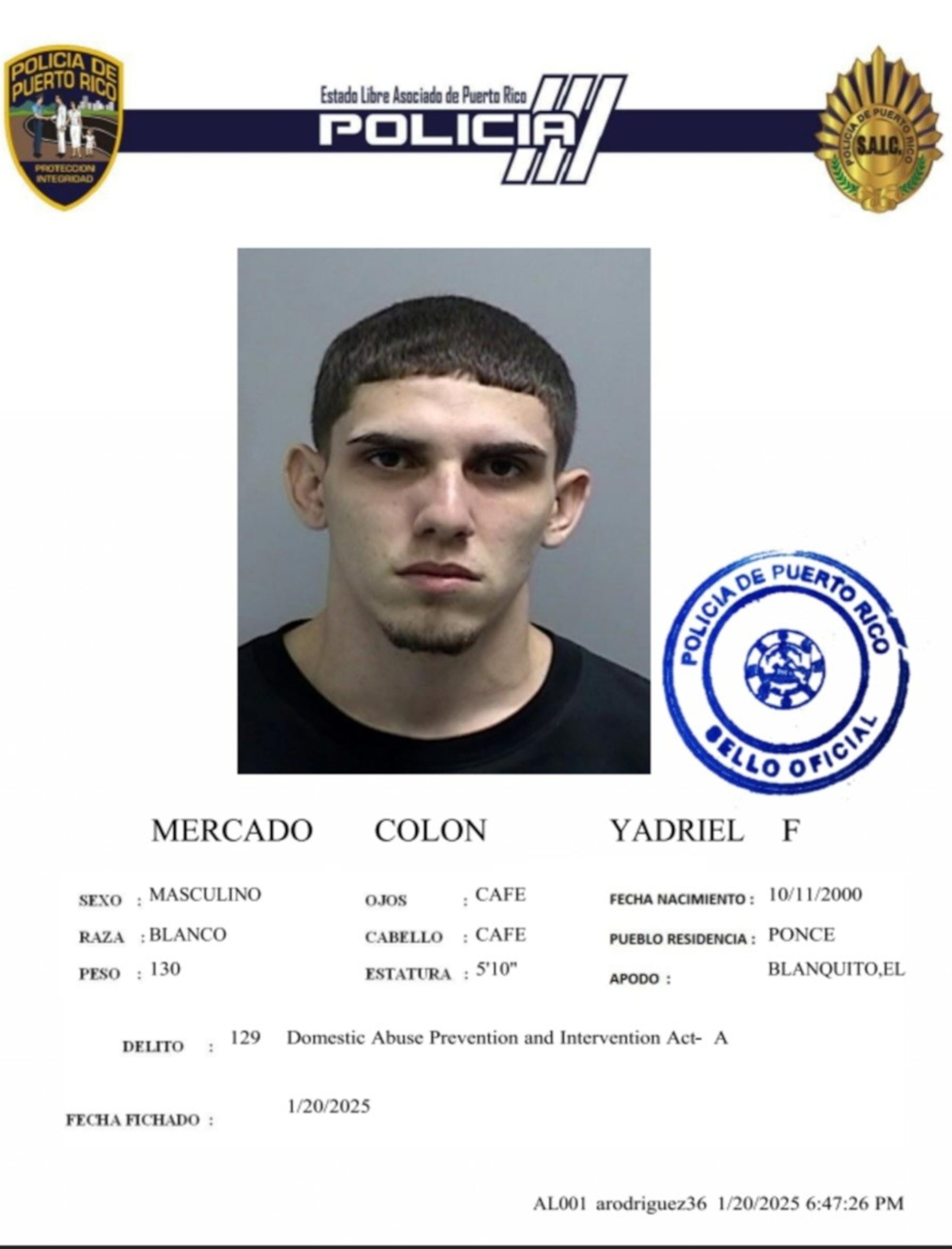 Yadriel F. Mercado Colón, enfrenta cargos por violencia doméstica.