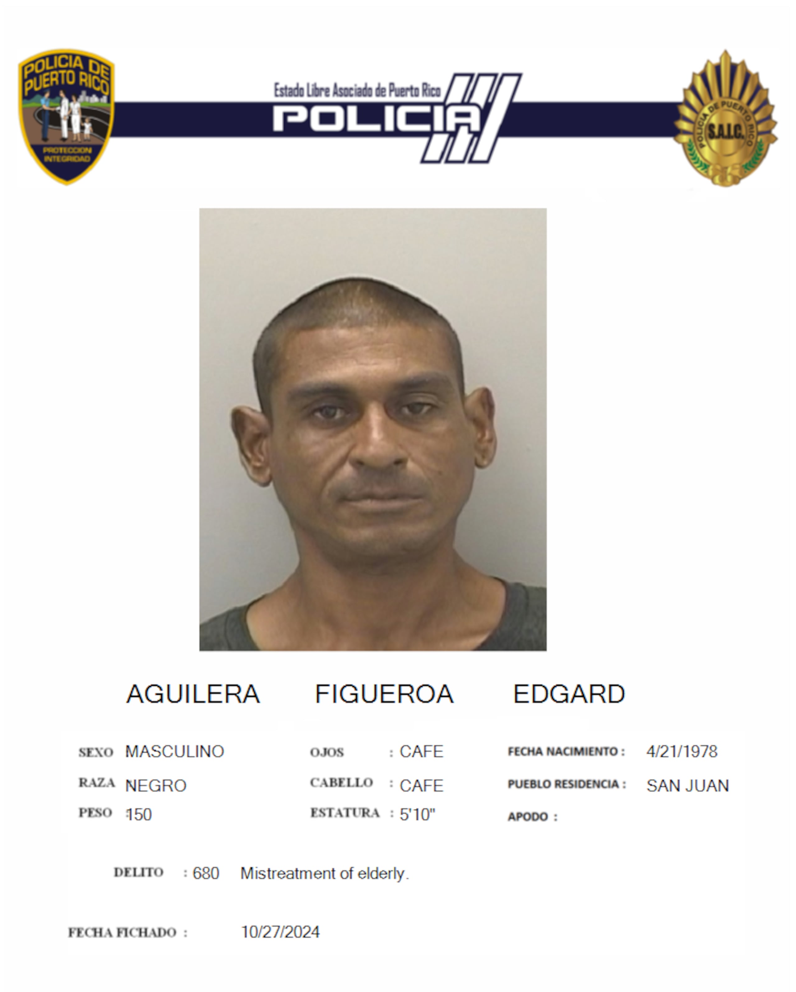 Edgard Aguilera Figueroa fue encarcelado tras ser acusado por agresión a su padre de 79 años.