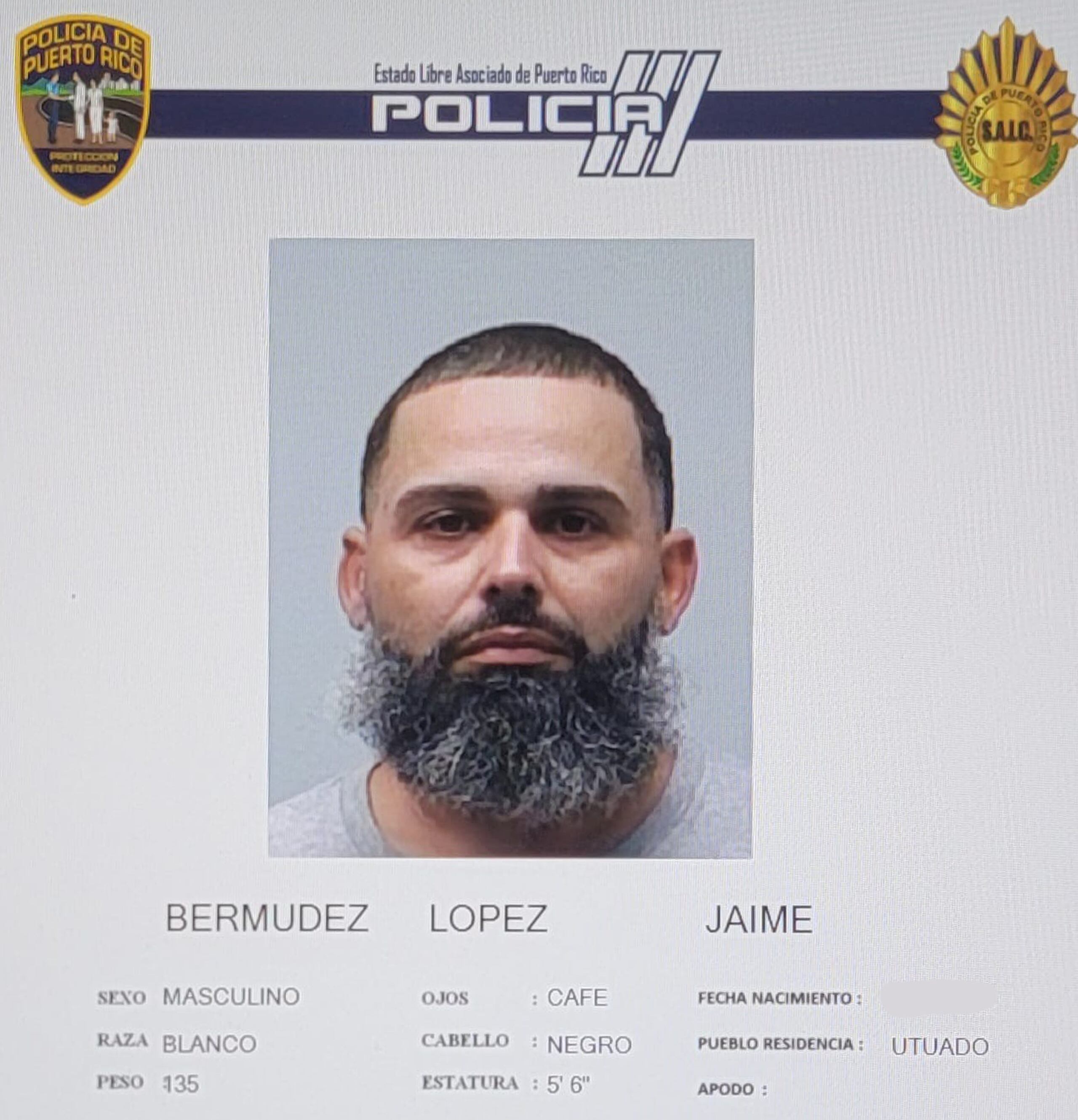 Ficha suministrada por el Negociado de la Policía de Jaime Bermúdez López.
