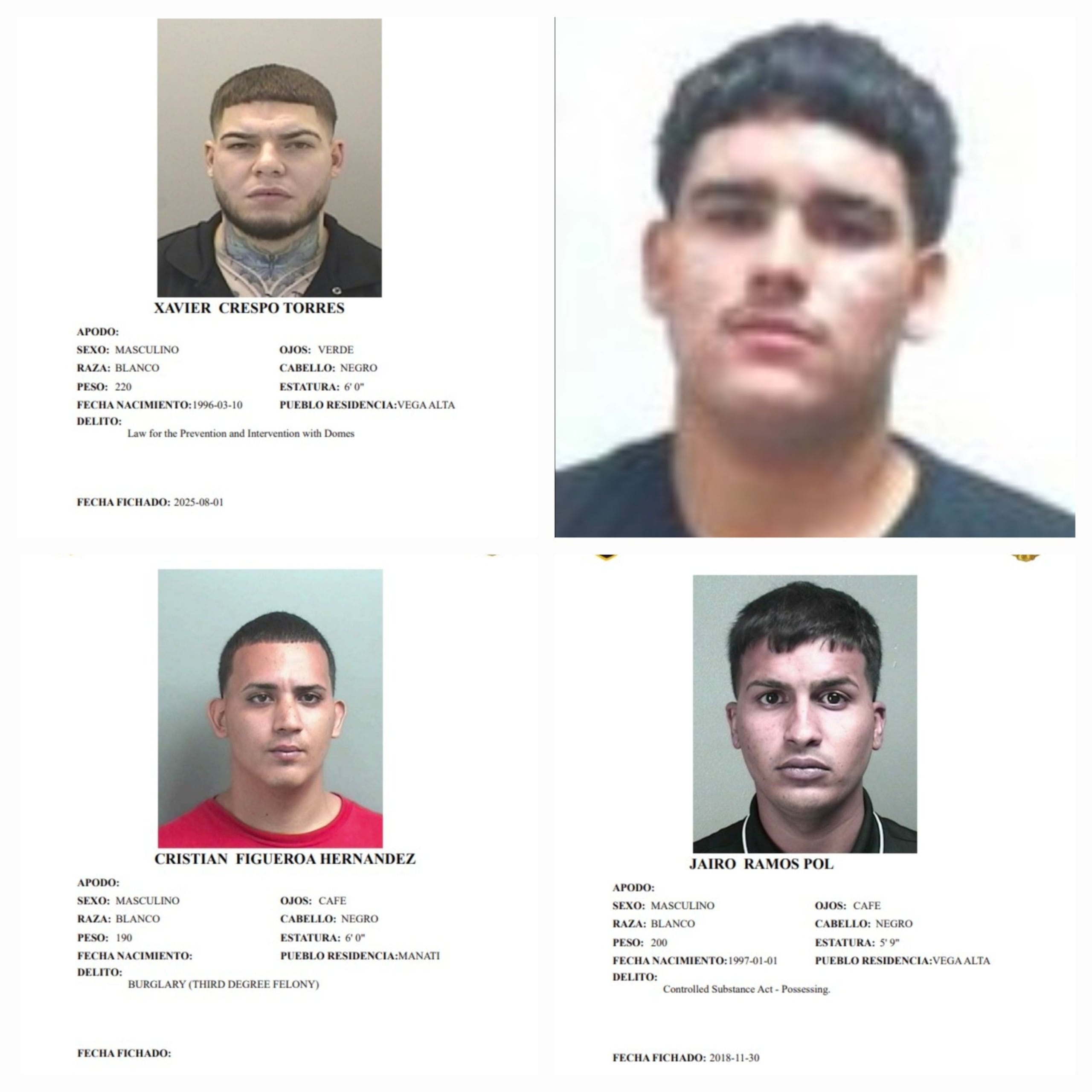 Las autoridades buscan a los fugitivos Xavier Crespo Torres, Cristian Figueroa Hernández, Joseph M. Rojas Ortiz y Jairo Ramos Pol, acusados en ausencia durante operativo Desarme II.