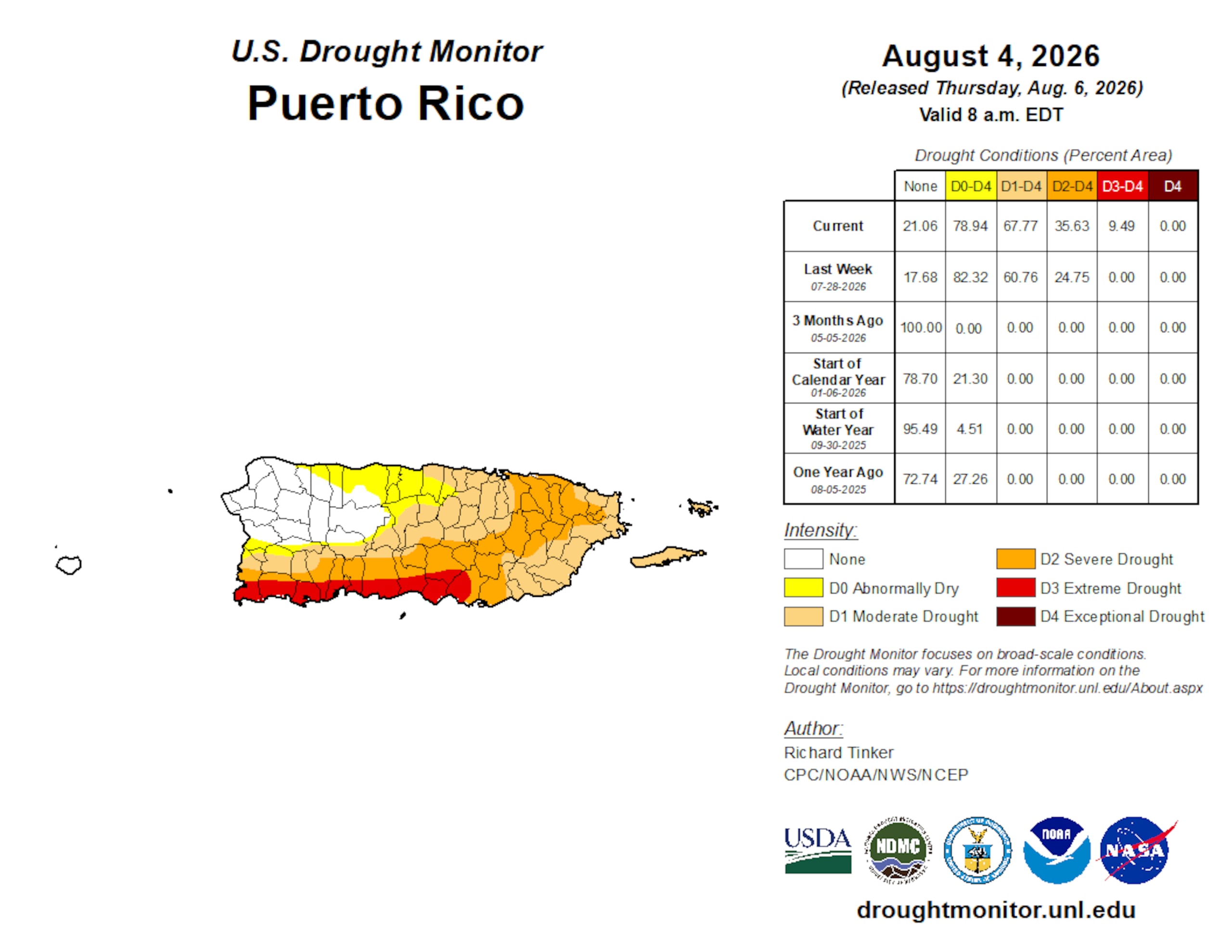 Mapa del Monitor de Sequía de los Estados Unidos que muestra la sequía extrema en color rojo, publicado el jueves, 6 de agosto de 2026.