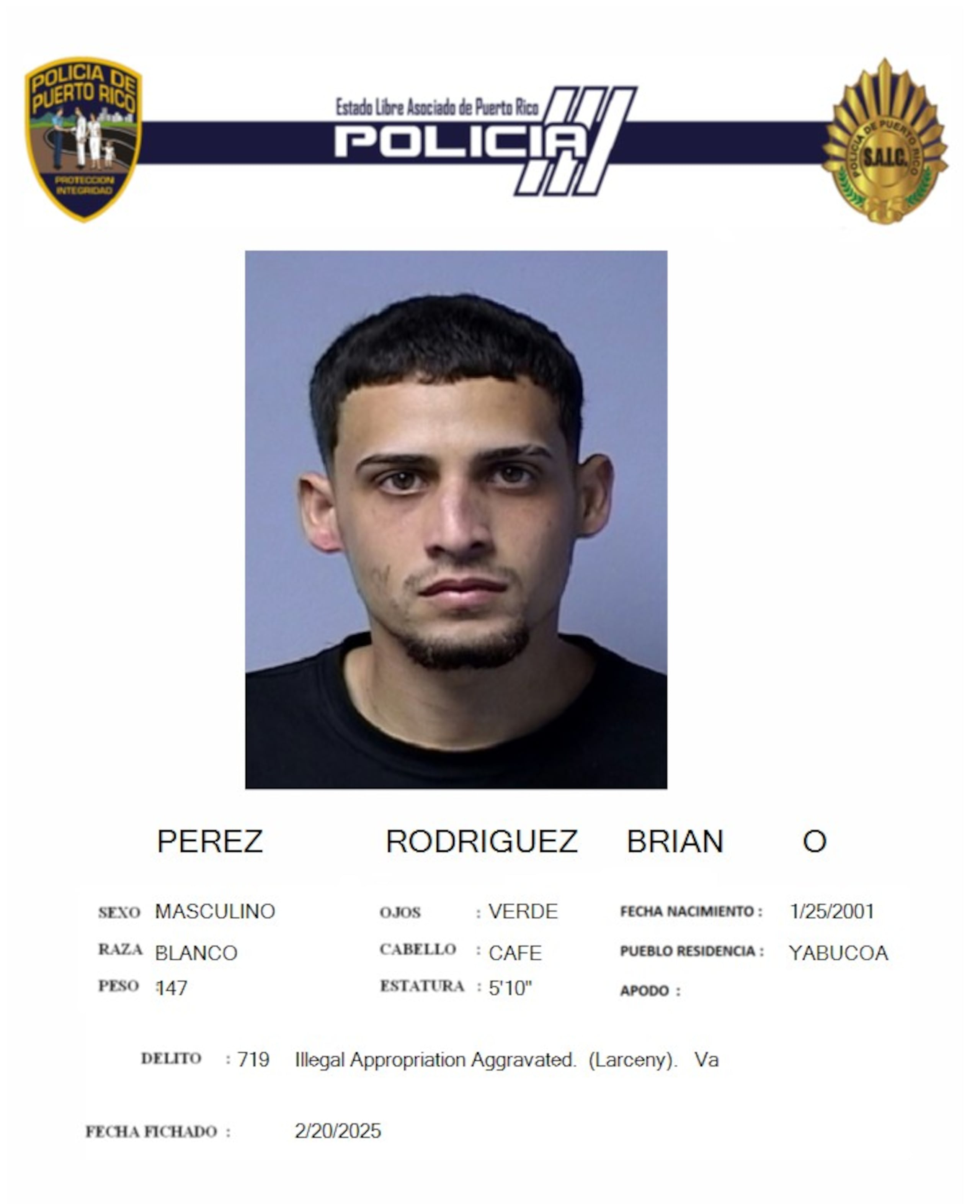 Brian O. Pérez Rodríguez, fue acusado por presuntamente apropiarse del dinero de una caja de seguridad de la tienda AutoZone en Yabucoa donde trabajaba.