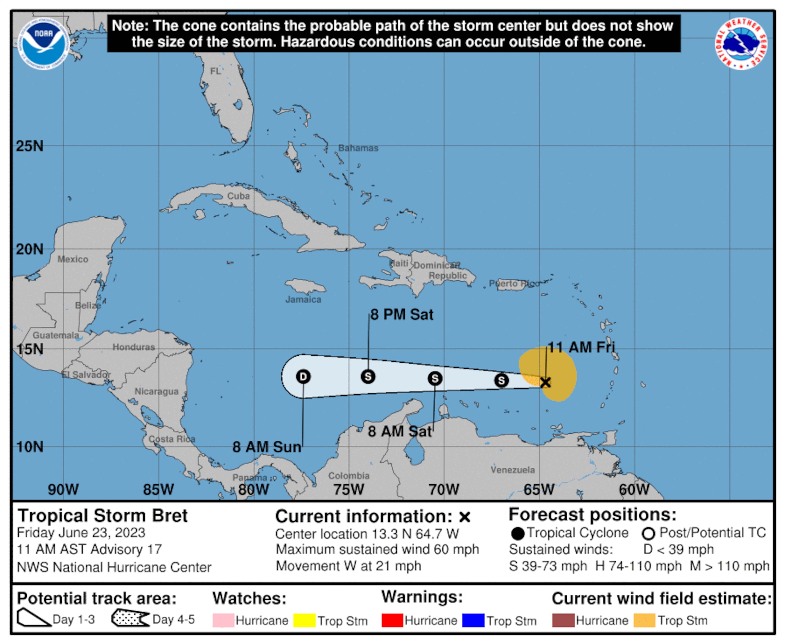 Pronóstico de la tormenta tropical Bret emitido a las 11:00 de la mañana del 23 de junio de 2023.