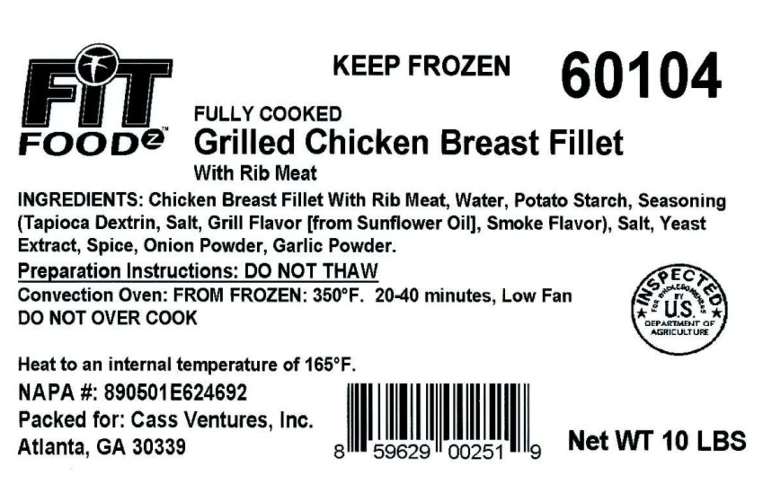 El producto retirado consiste en cajas de 10 libras que contienen dos bolsas de 5 libras de pechuga de pollo a la parrilla completamente cocida, con carne adherida al hueso.