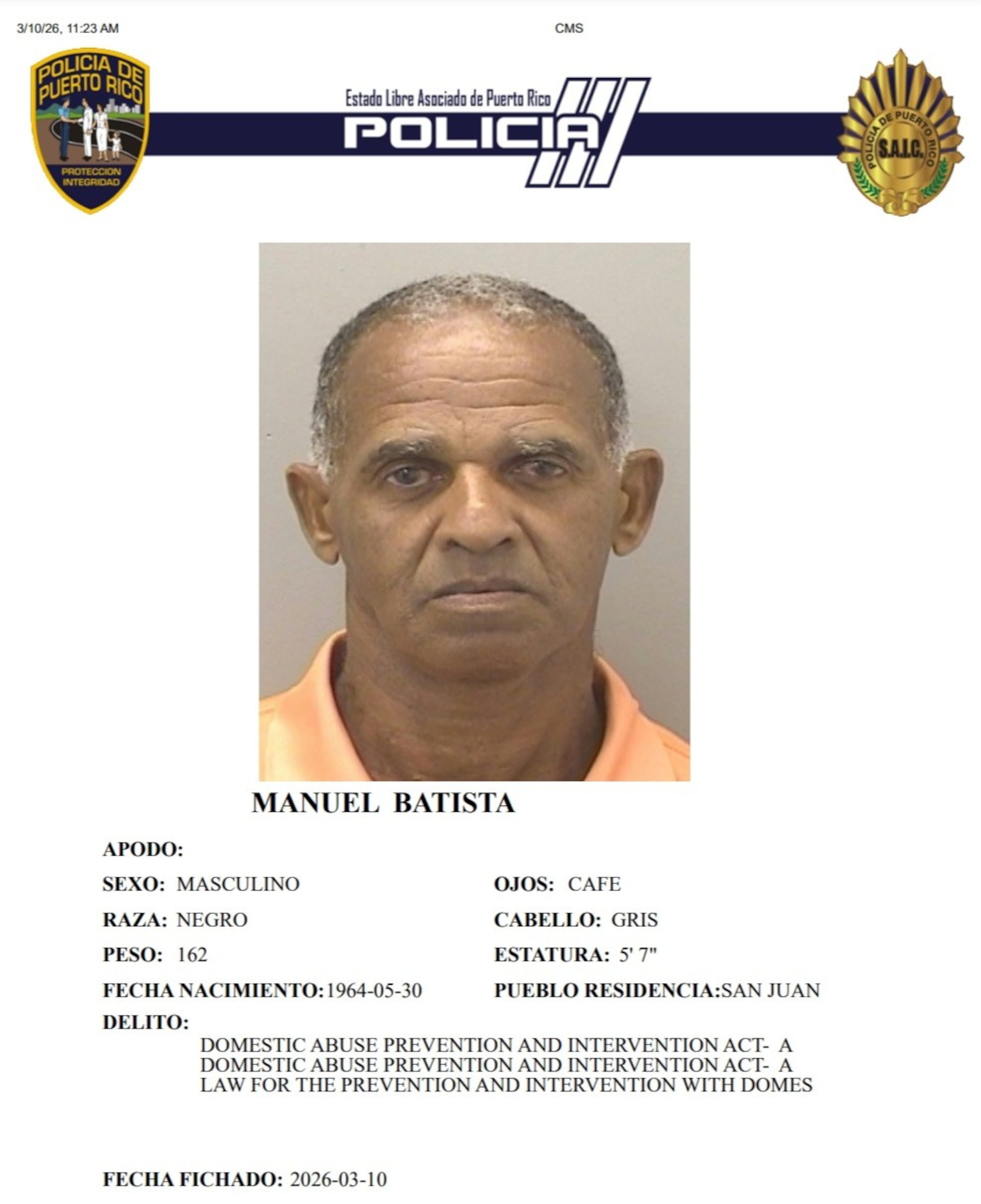 Manuel Batista, enfrenta cargos por violencia doméstica, amenaza y violación a la Ley de Armas.