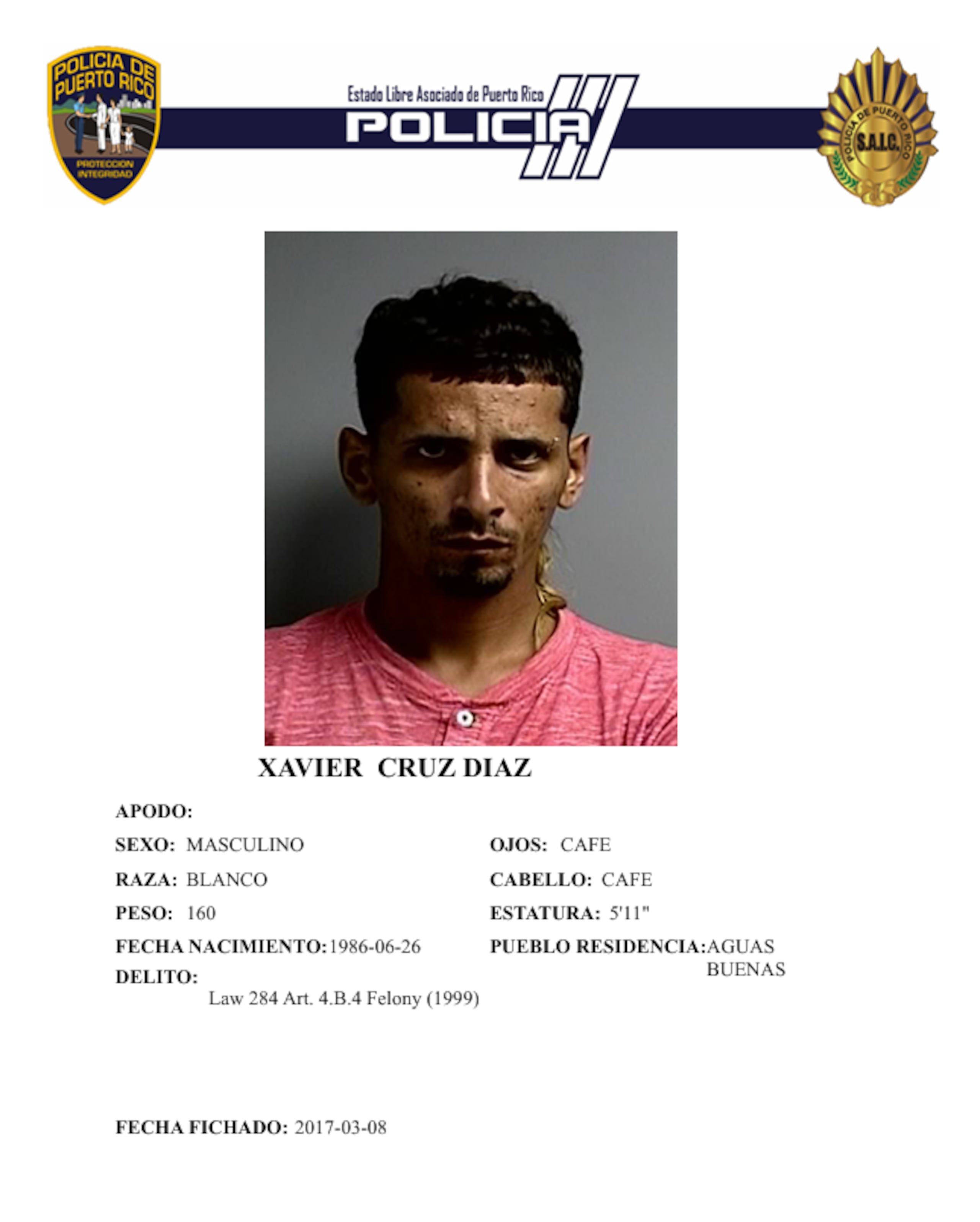 Ficha policíaca del occiso, identificado como Xavier Cruz Díaz.