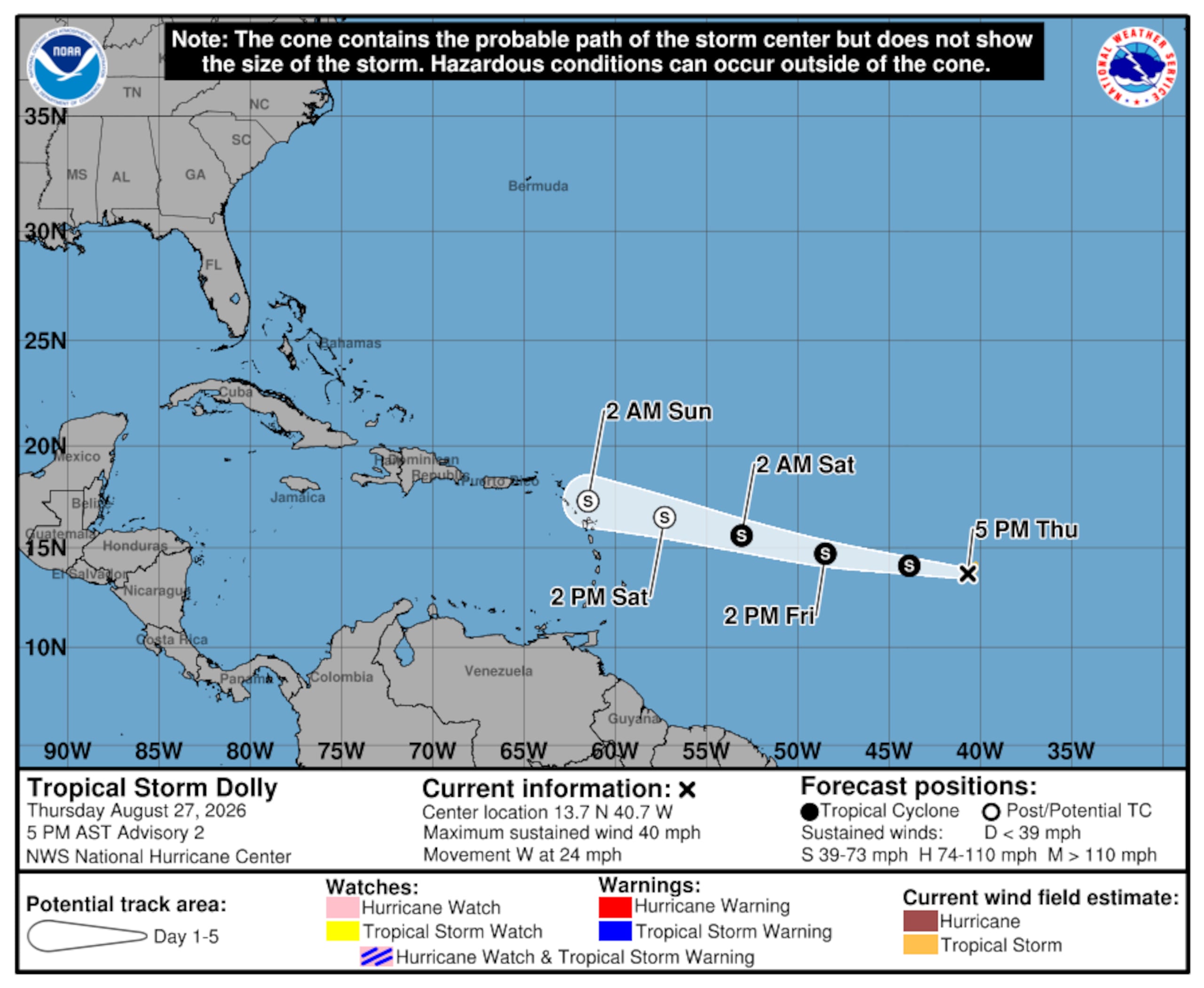 La trayectoria de Dolly muestra que el sistema perderá organización antes de llegar a Puerto Rico. (NOAA)