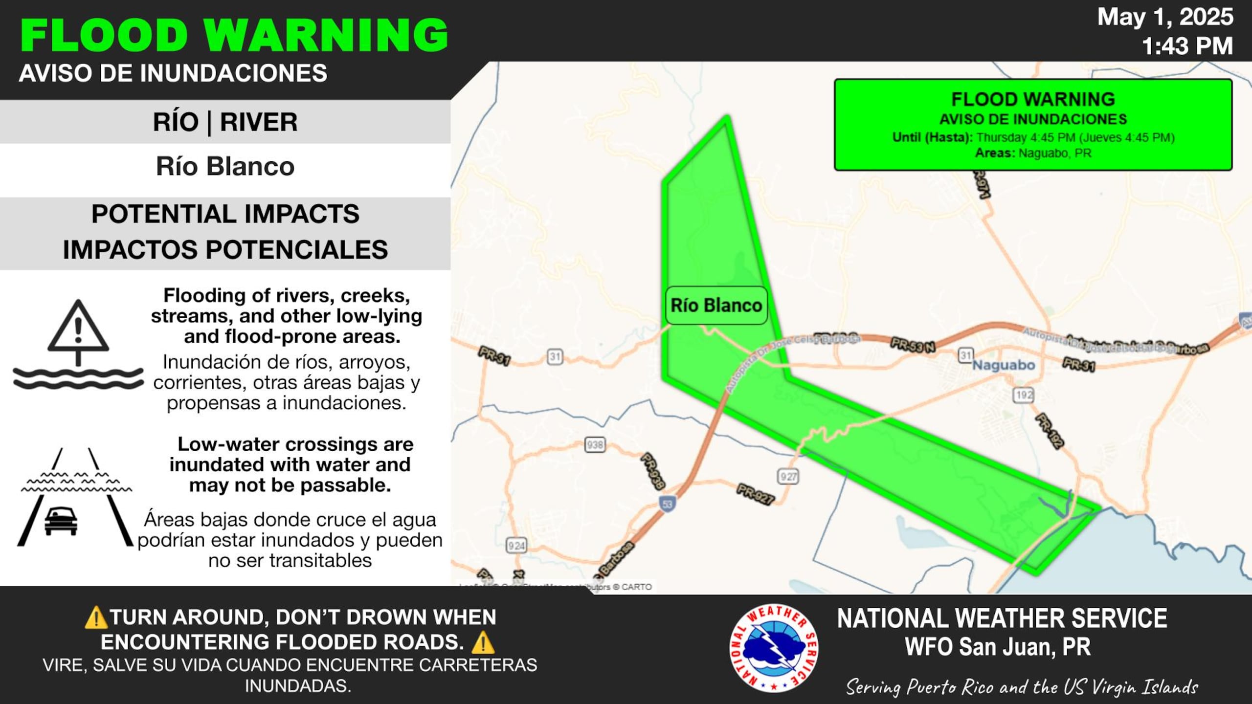 Aviso de inundaciones en Naguabo en la tarde del 1 de mayo de 2025.