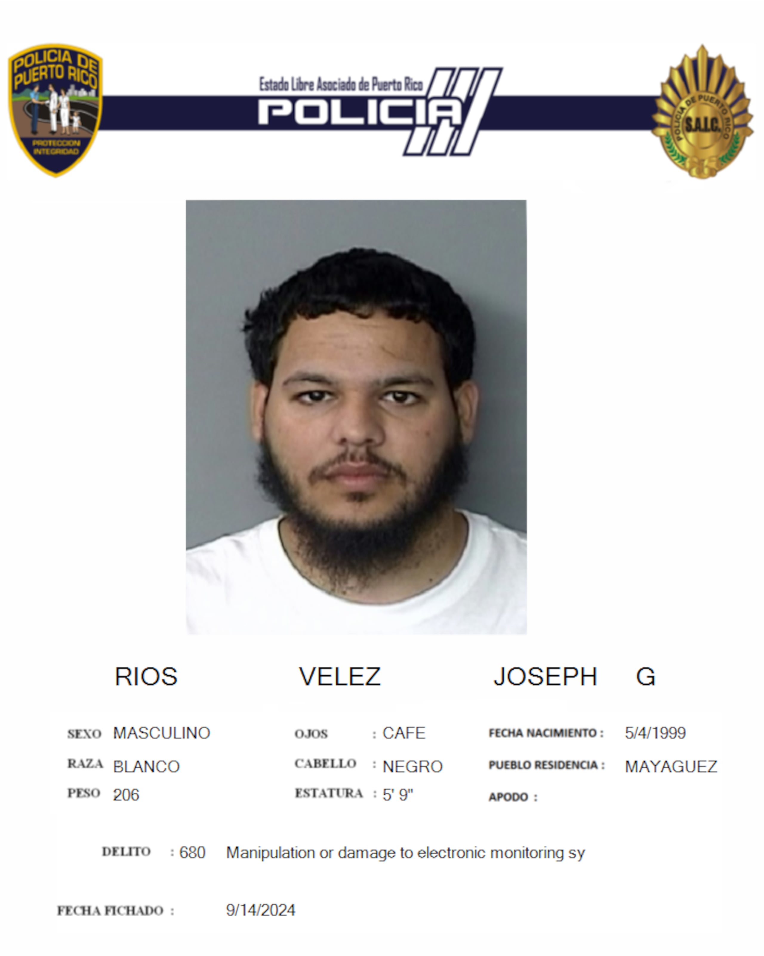 Ficha policiaca de Joseph G. Ríos Vélez.