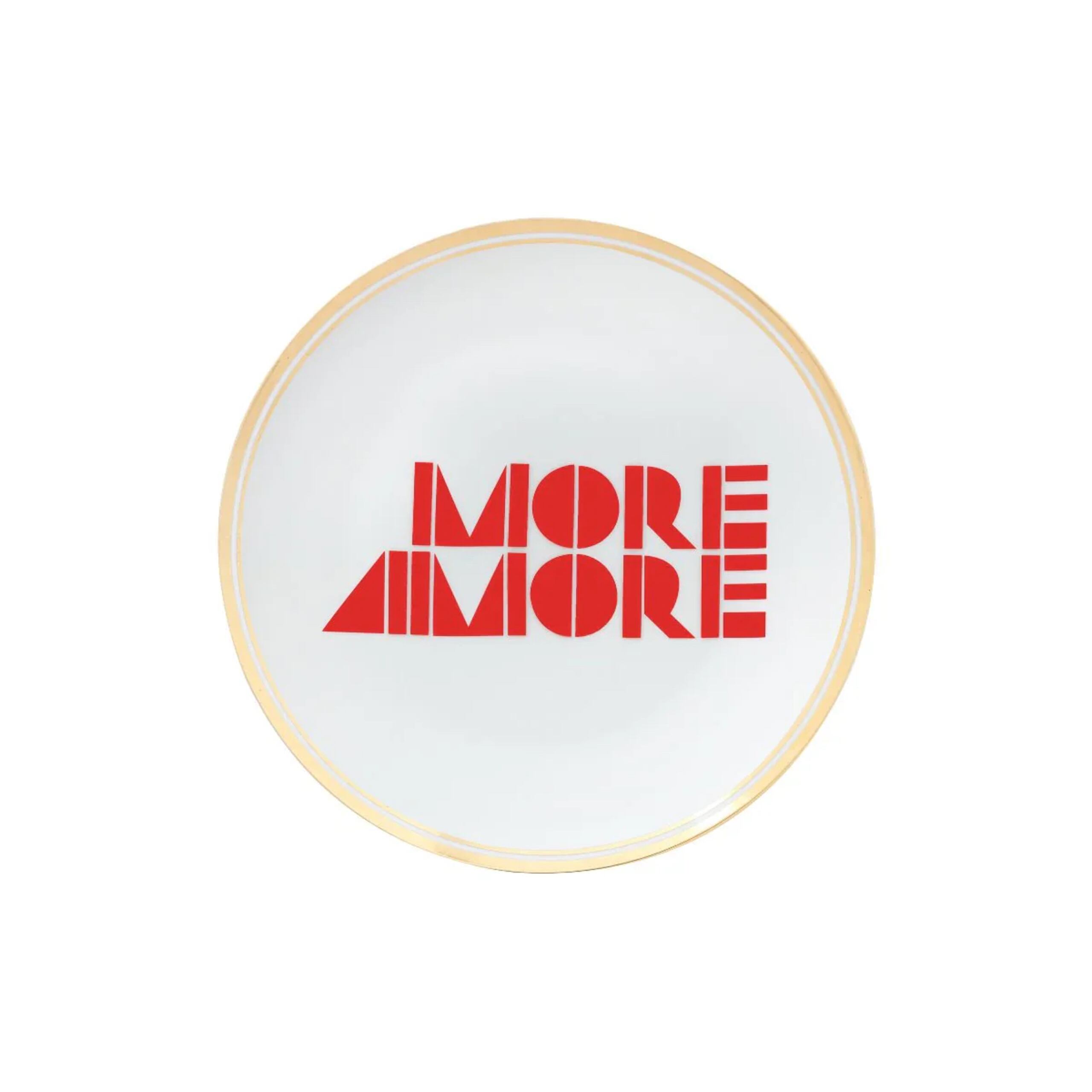 “More Amore”
Este plato de porcelana es una pieza de mesa que celebra el amor desde el diseño. Sus detalles dorados y gráficos coloridos lo hacen ideal para cenas especiales o como elemento decorativo. Disponible en Lulu Puras, en Galería San Patricio.