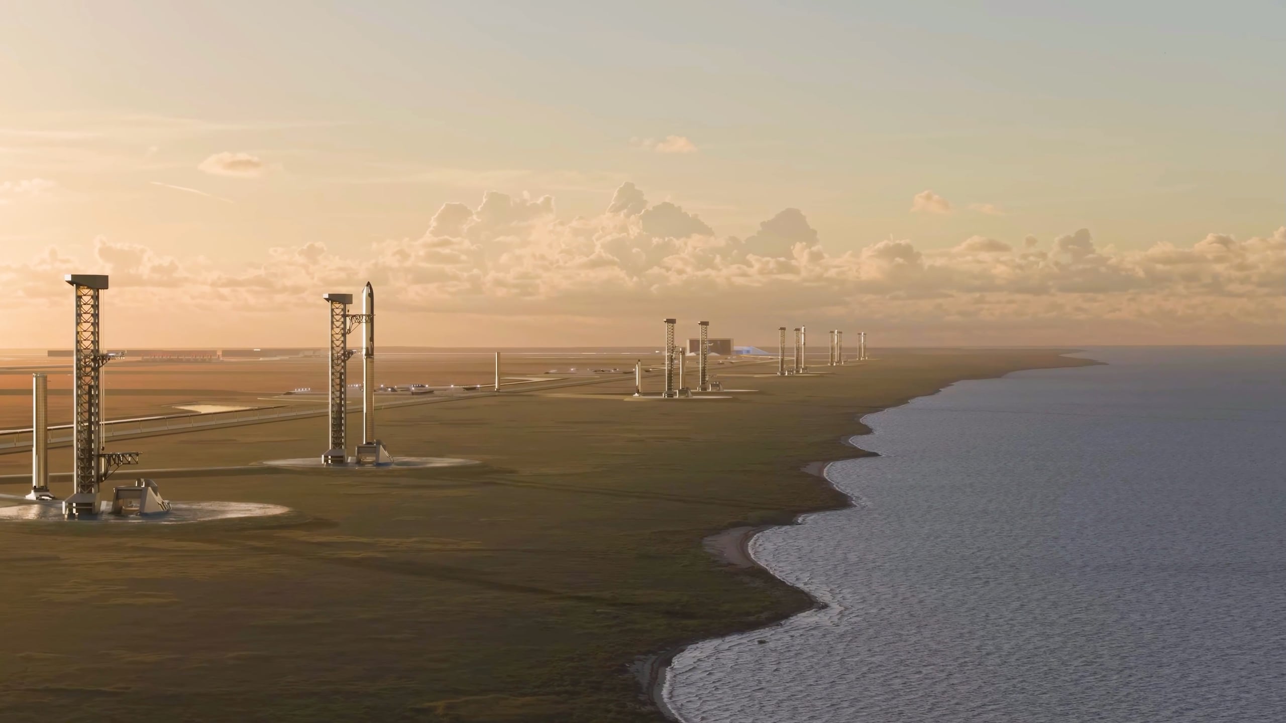 Fotografía cedida por la compañía espacial SpaceX de una ilustración que muestra las instalaciones previstas, con una inversión de más de 100.000 millones de dólares partir del próximo año, para una base en el estado de Luisiana (EE.UU.). EFE/SpaceX