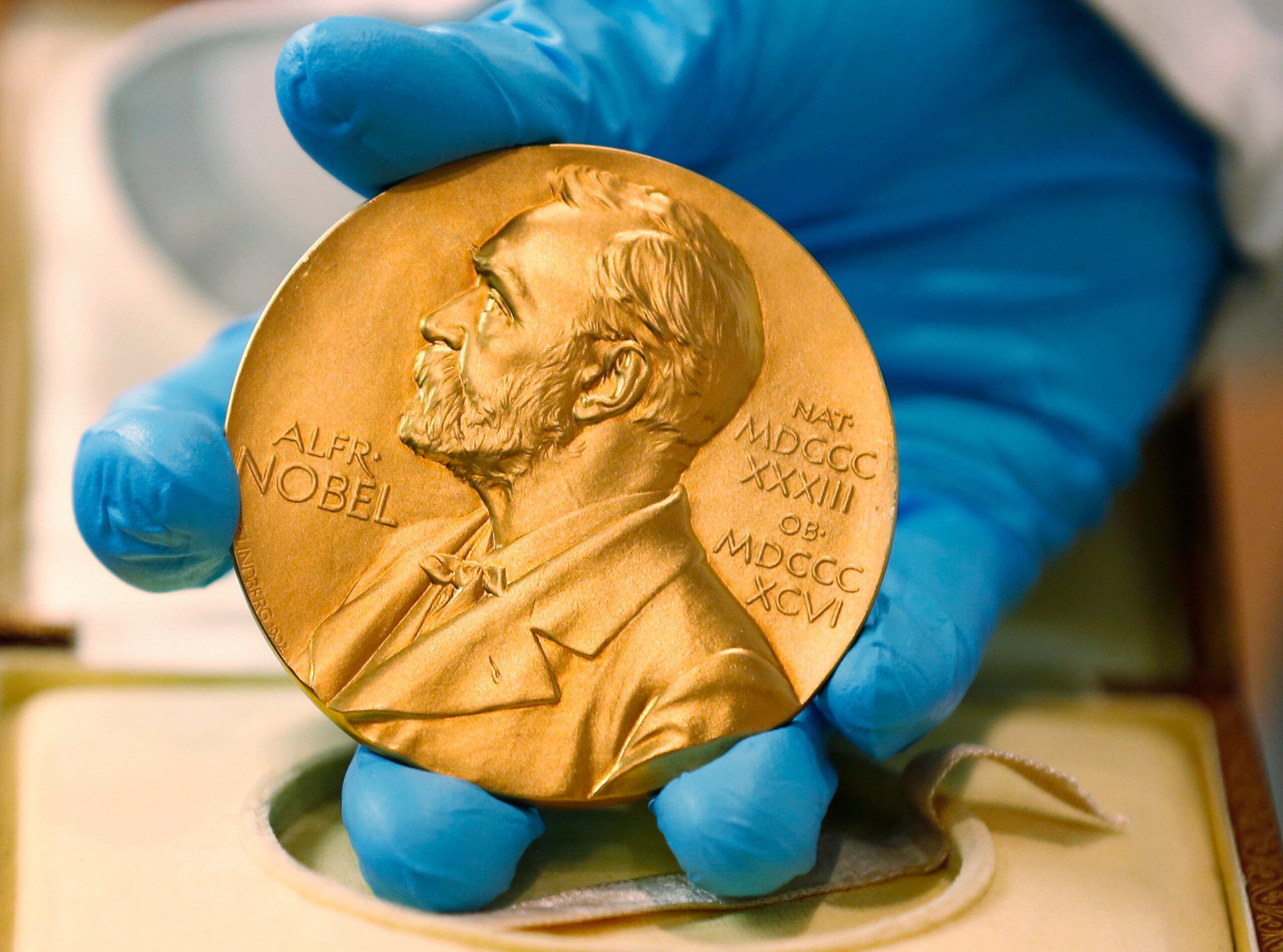 En esta imagen de archivo, un empleado de la biblioteca nacional muestra una medalla de oro del Premio Nobel.