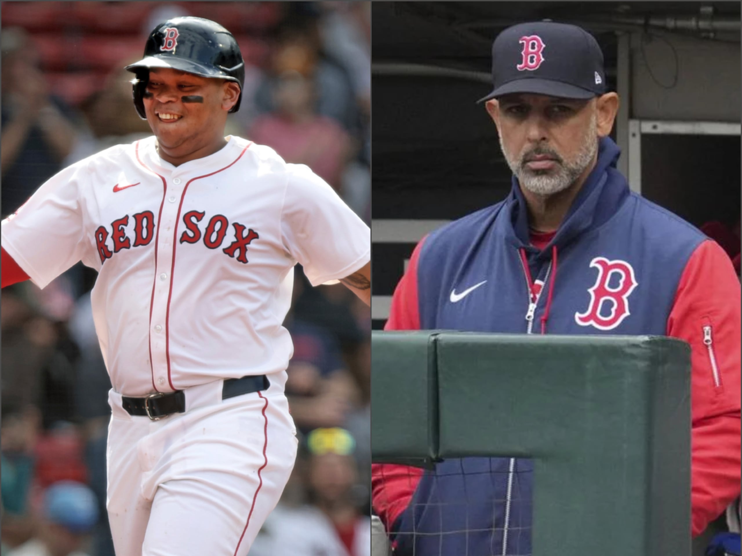 El dirigente Alex Cora (derecha) hizo sus primeras declaraciones en torno a la nueva controversia por los comentarios de Rafael Devers (izquierda).