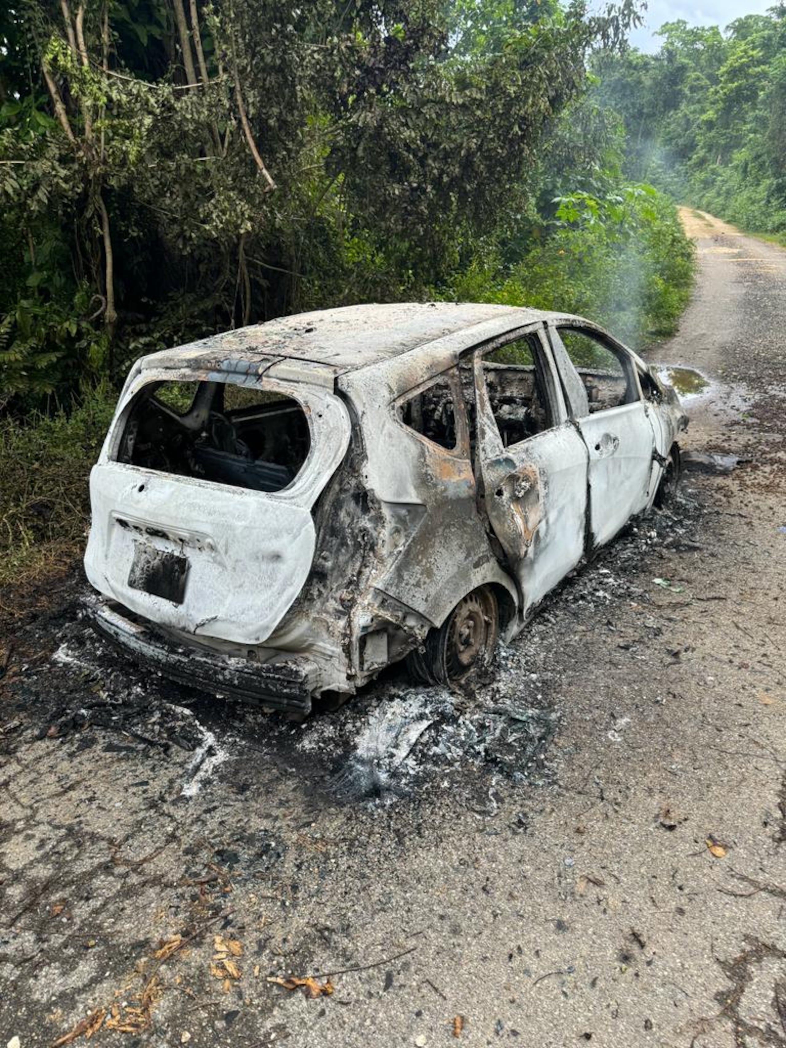 Vehículo incendiado que fue encontrado en una finca del barrio Santa Rosa, por la entrada el Tosquero, en Hatillo.