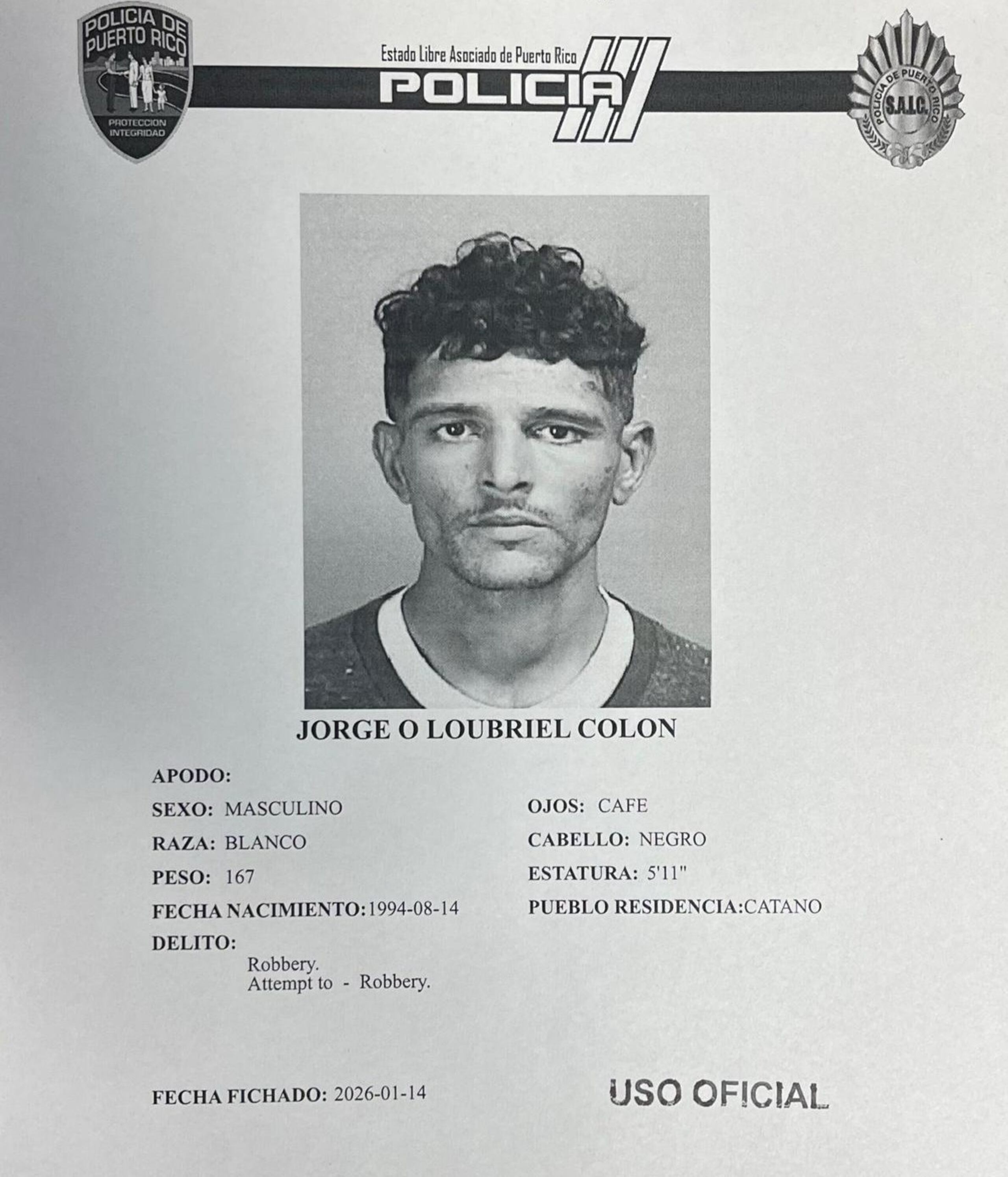 Ficha policíaca del imputado, Jorge Osvaldo Loubriel Colón, de 32 años.