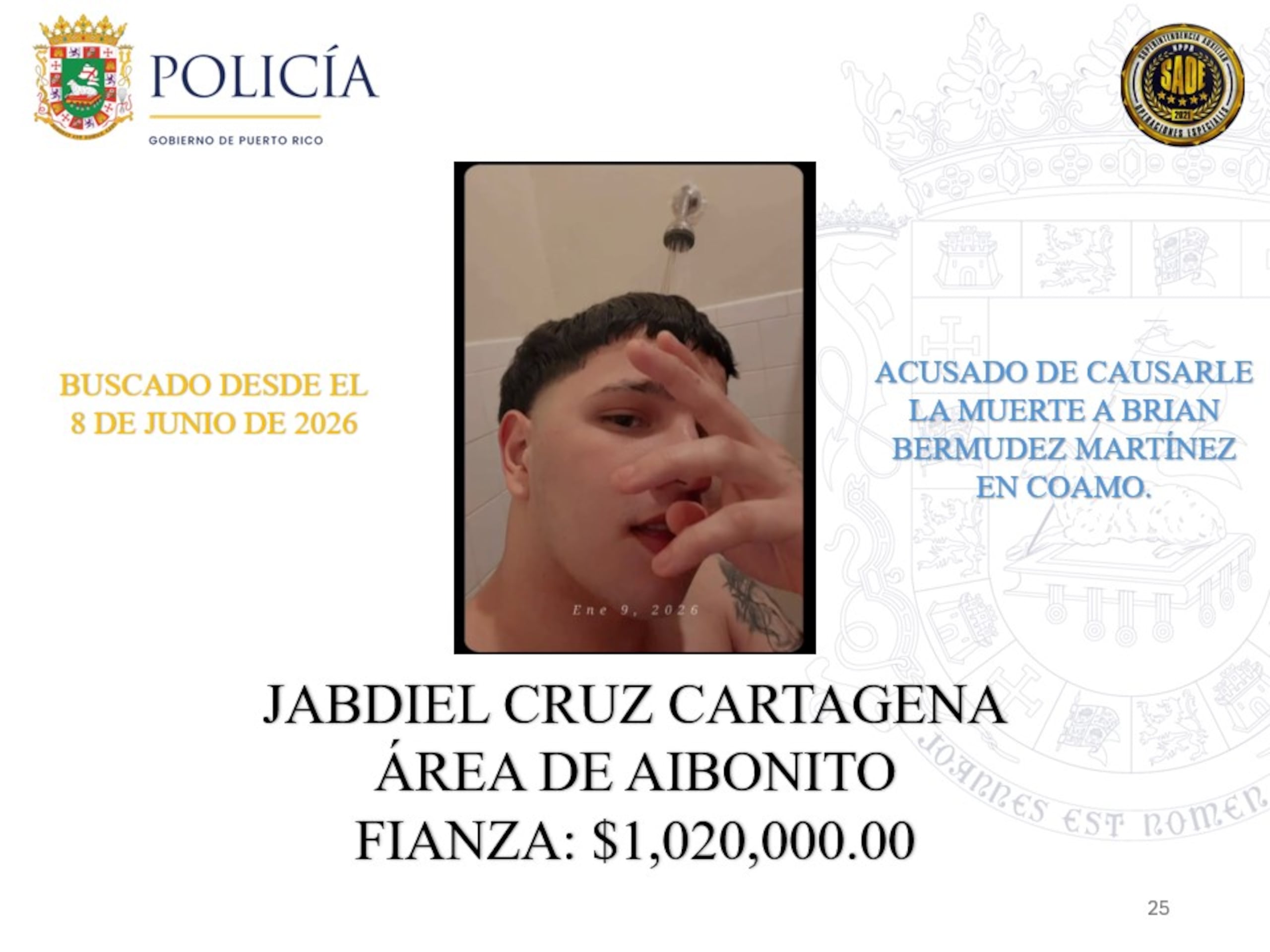 Jabdiel Cruz Cartagena | La Policía de Puerto Rico exhorta a la ciudadanía a colaborar con las autoridades para lograr la captura de 25 individuos que permanecen prófugos de la justicia y contra quienes pesan órdenes de arresto por delitos de asesinato ocurridos en distintos municipios de la Isla.
Estos individuos son considerados de alta peligrosidad y son buscados por hechos que han cobrado la vida de múltiples víctimas. Algunos de ellos han evadido la justicia durante años, mientras que otros enfrentan acusaciones recientes por asesinatos cometidos durante el presente año.