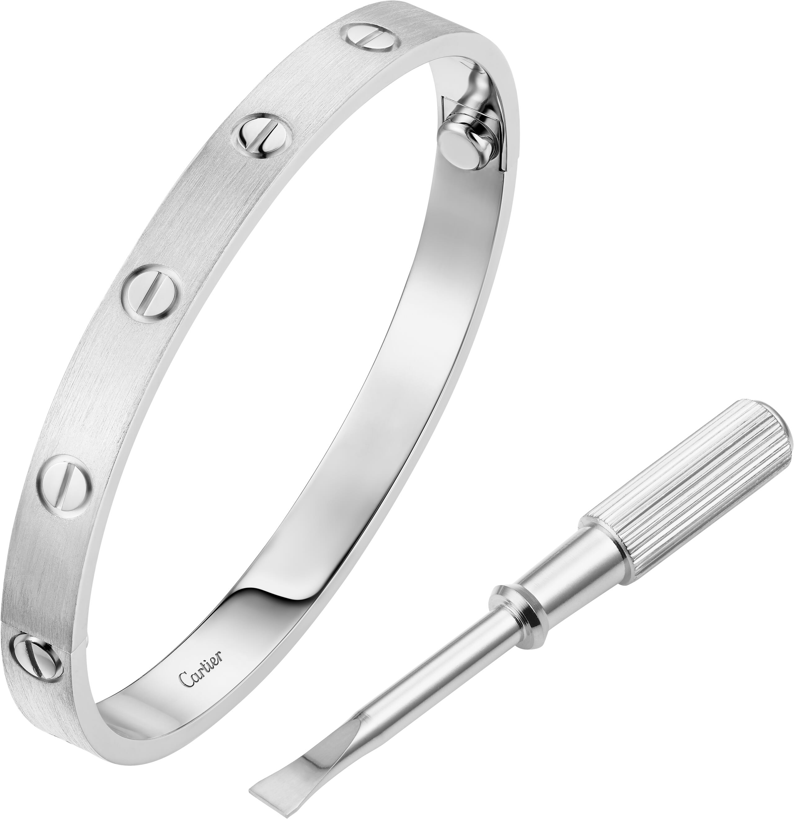 La colección Love de Cartier presenta la perfección de líneas limpias y proporciones precisas: una pulsera ovalada formada por dos arcos rígidos que deben ser atornillados juntos.
