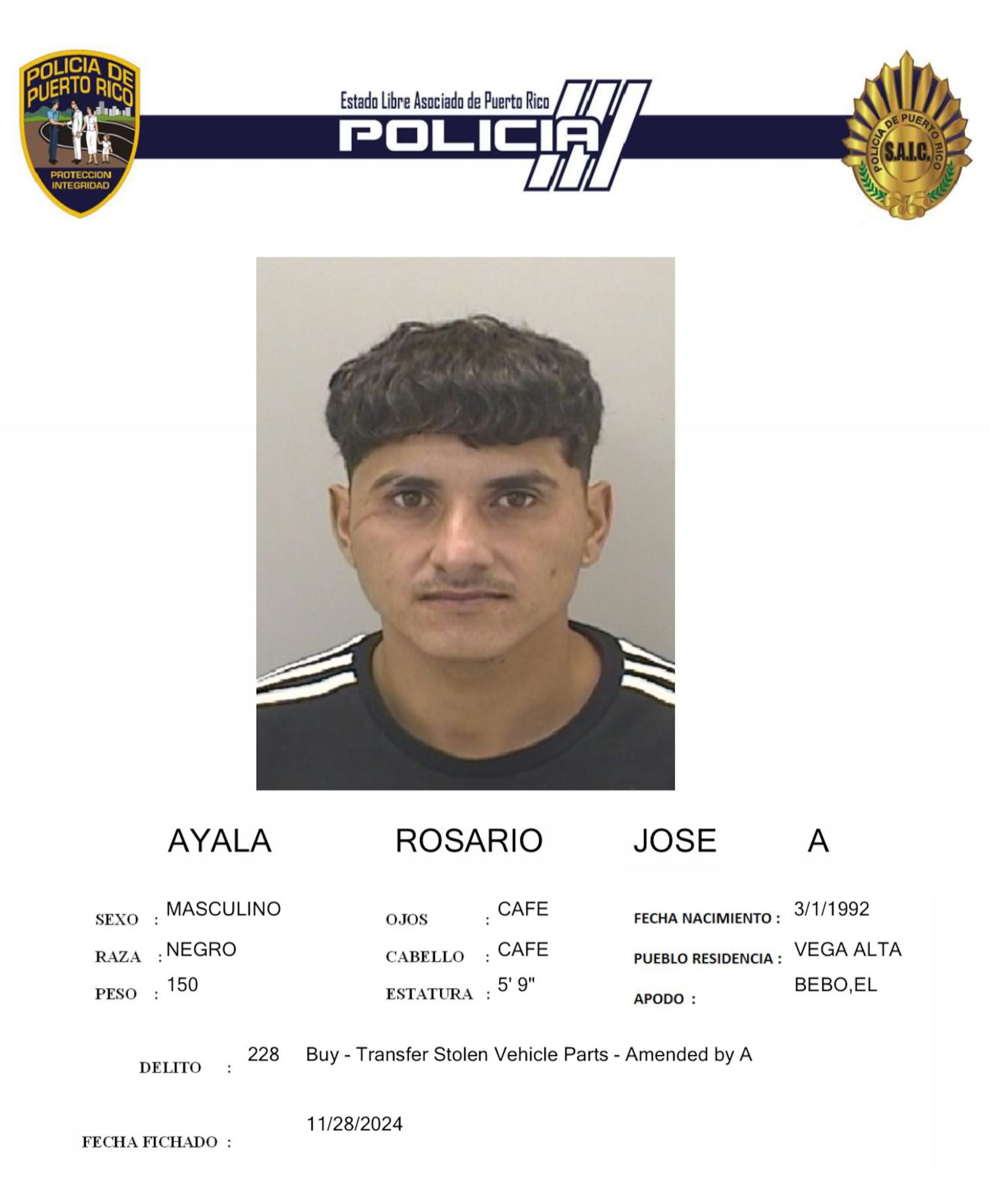 José A. Ayala Rosario, fue arrestado en Bayamón mientras transitaba en una motora hurtada.