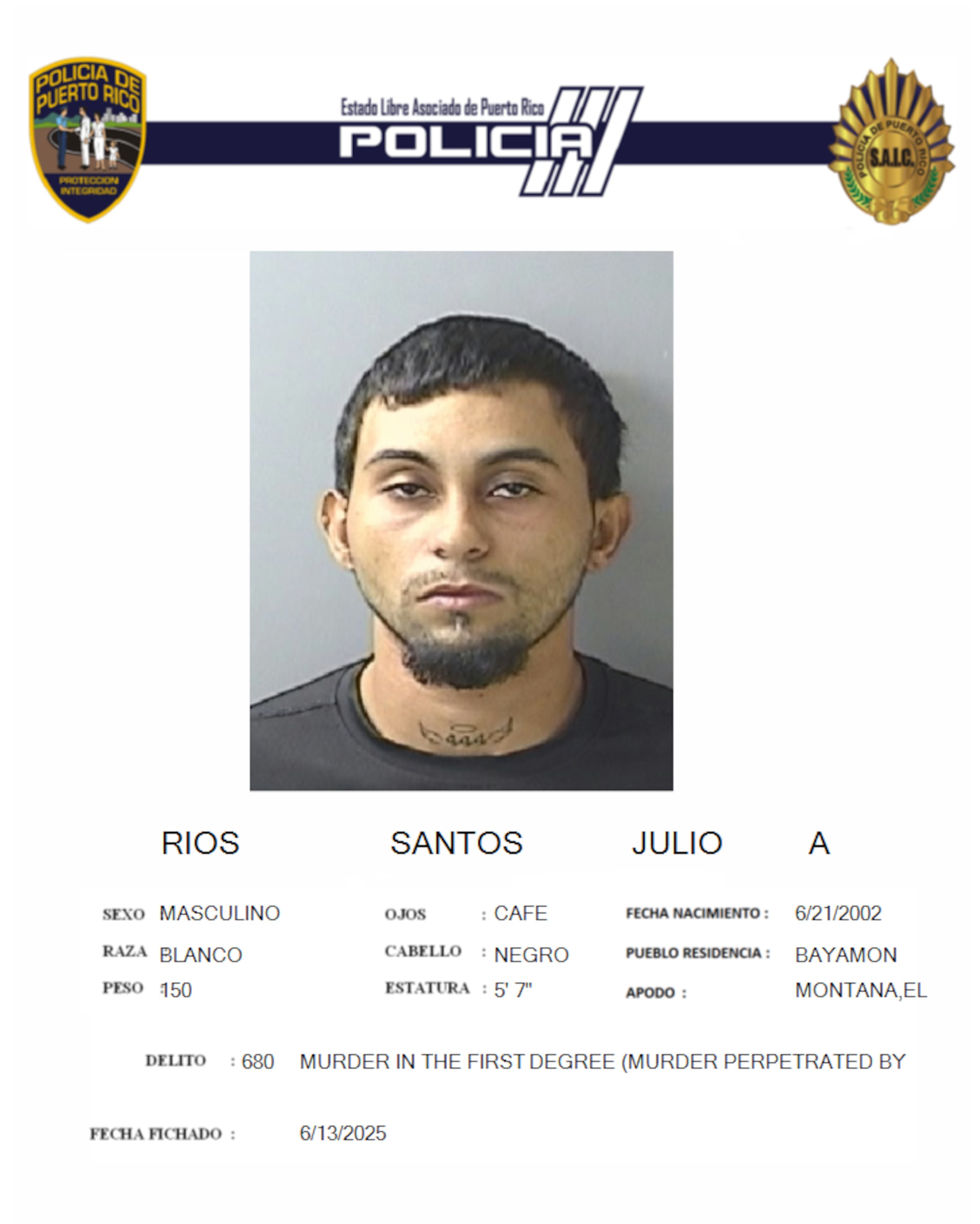 Julio A. Ríos Santos, alias Montana, de 22 años, residente del pueblo de Bayamón.