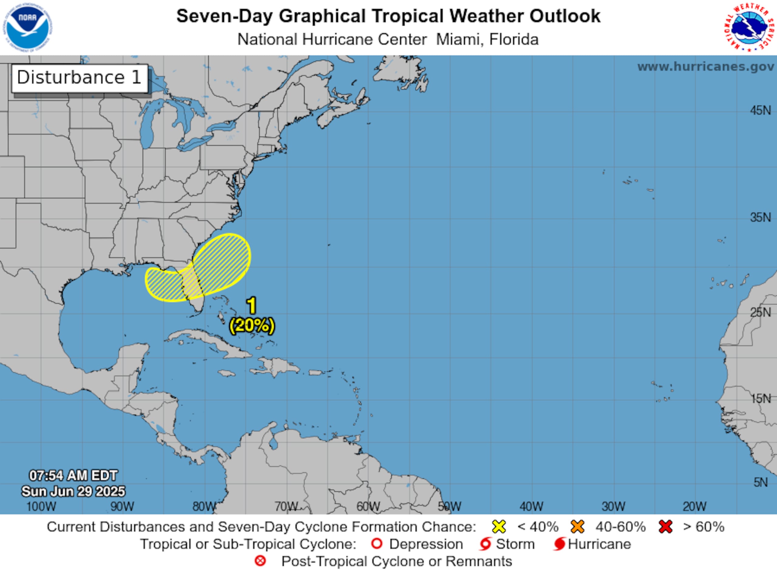 Sería a finales de esta semana o en el fin de semana que un sistema pudiera formarme en el área sombreada color amarillo. (NOAA)