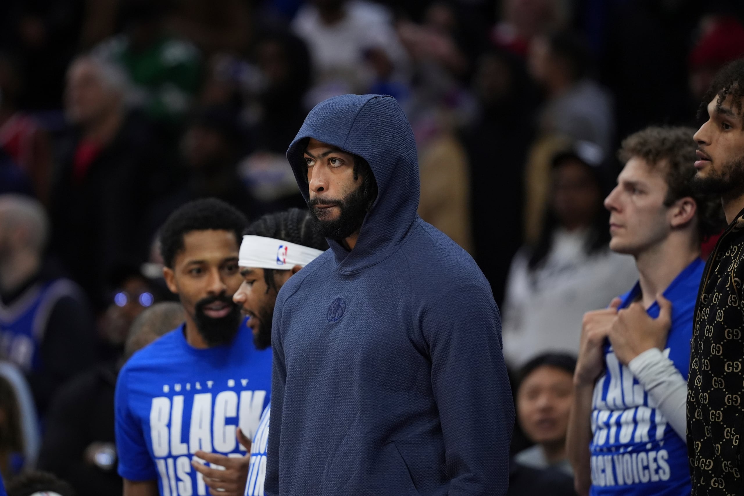 Dallas Mavericks' Anthony Davis watches during an NBA basketball game, Tuesday, Feb. 4, 2025, in Philadelphia. (AP Photo/Matt Slocum)