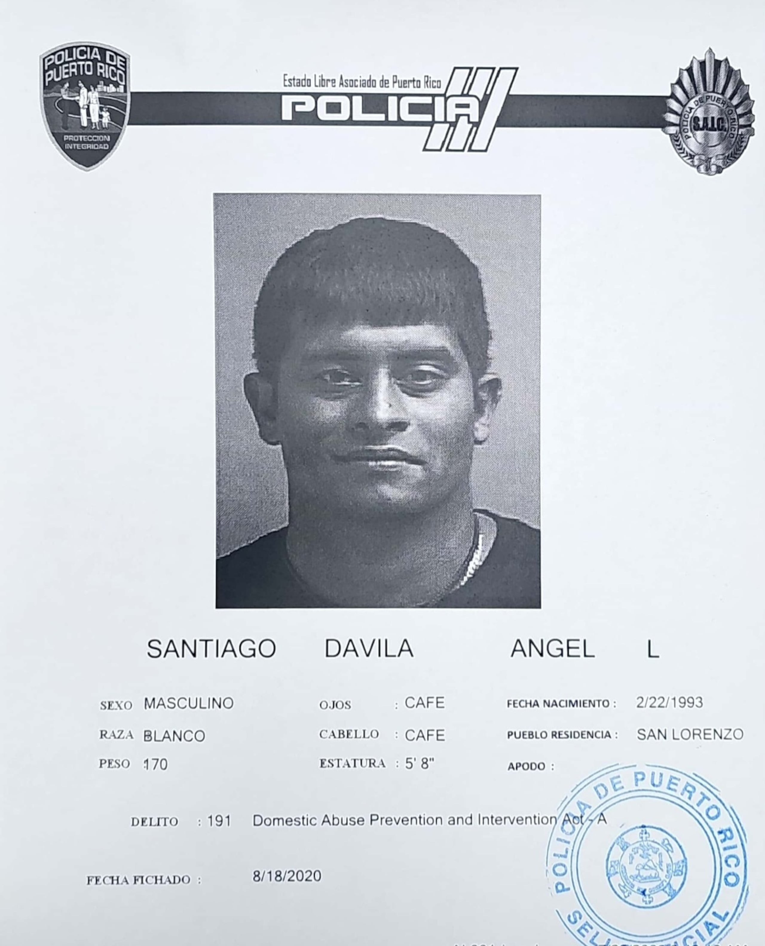 Ficha de Ángel L. Santiago Dávila, asesinado frente a un bar en San Lorenzo.
