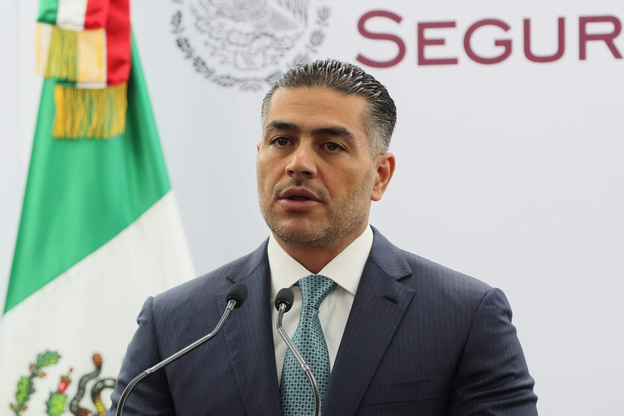 El titular de la Secretaría de Seguridad y Protección Ciudadana, Omar García Harfuch, habla durante una conferencia de prensa en Ciudad de México (México). EFE/ Mario Guzmán