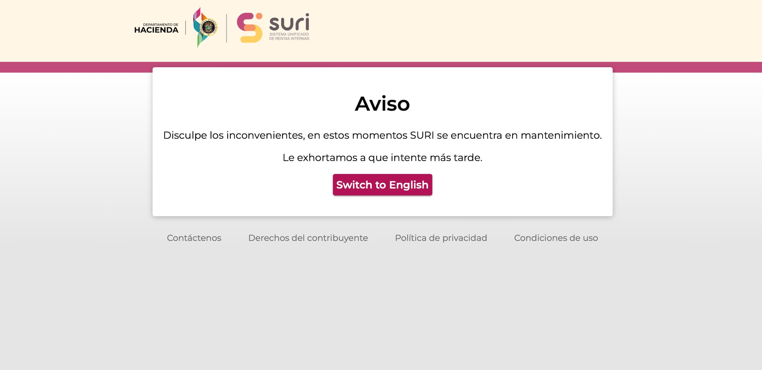Mensaje plasmado en el portal de SURI.
