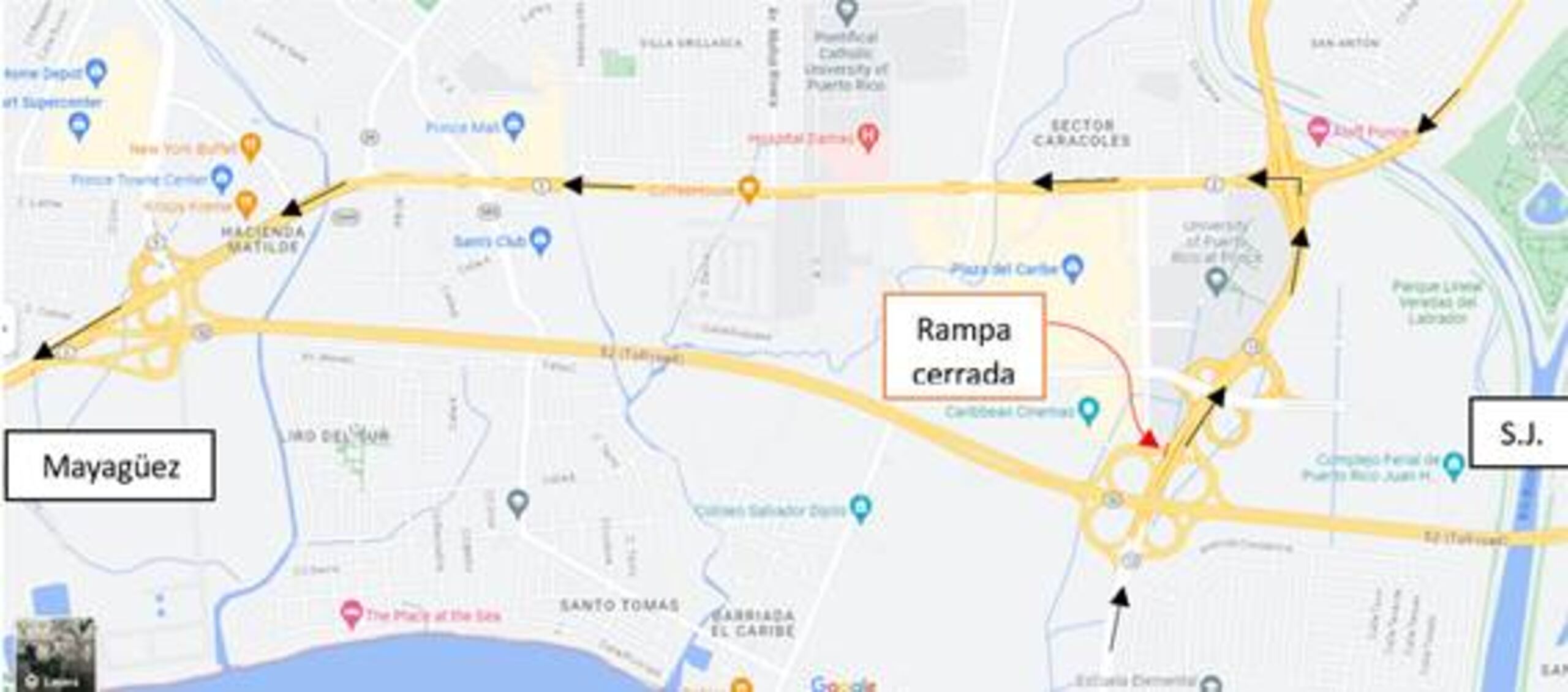 Mapa que detalla la rampa que será cerrada y la vía alterna.
