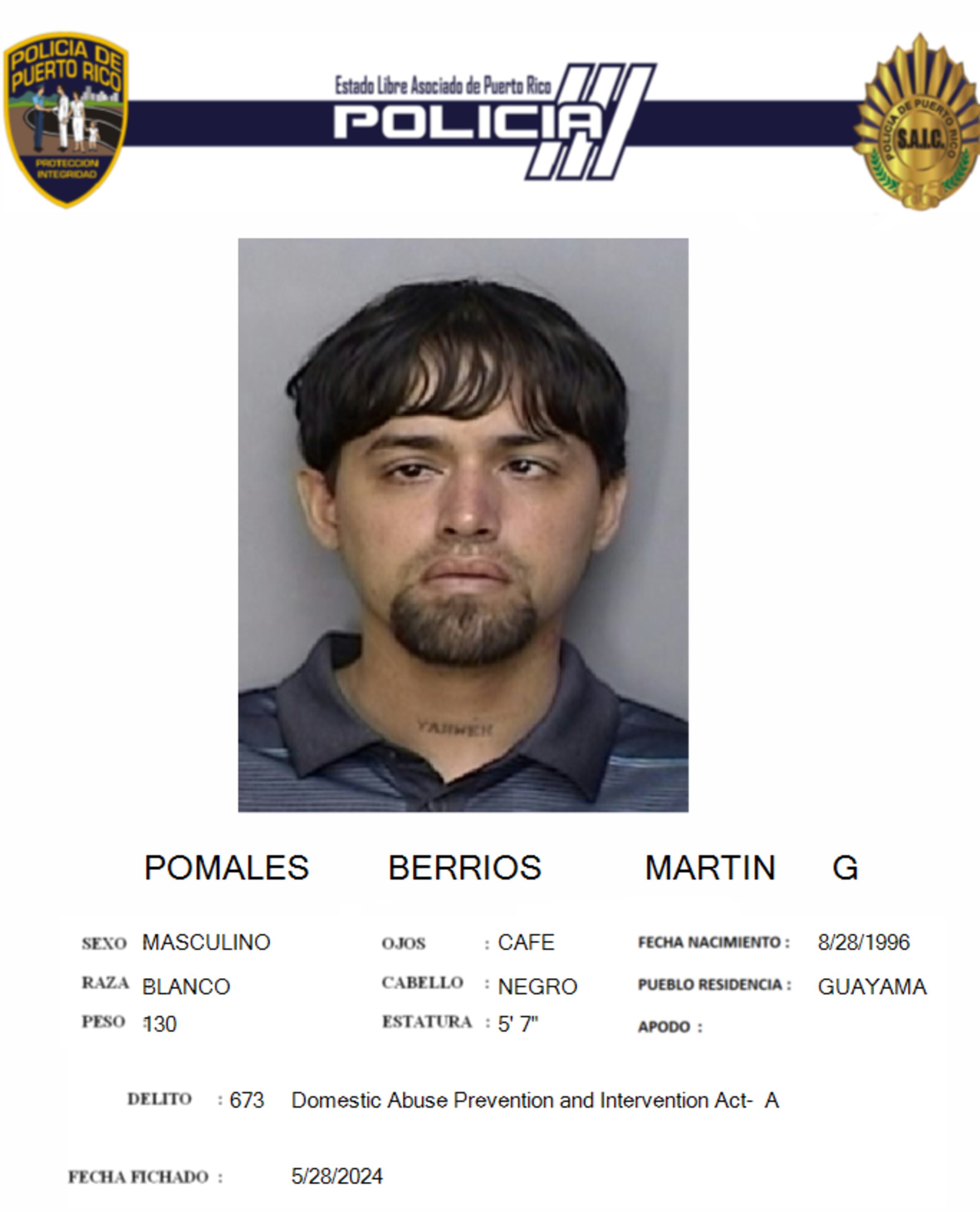 Martín G. Pomales Berríos, enfrenta cargos por amenaza y violación a la Ley de Armas.