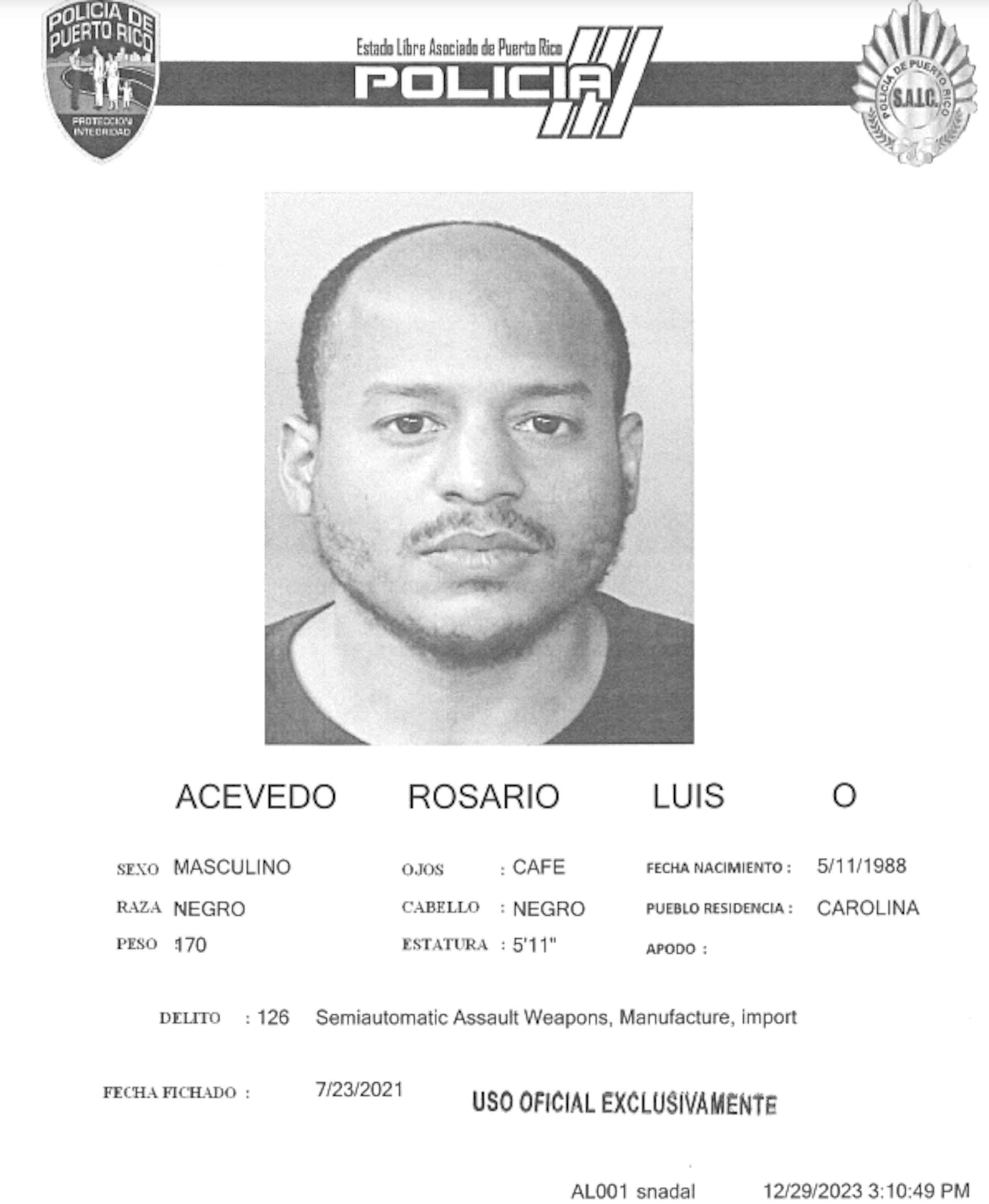 Luis O. Acevedo Rosario tenía expediente criminal por infracciones a la Ley de Armas de julio del año 2021.