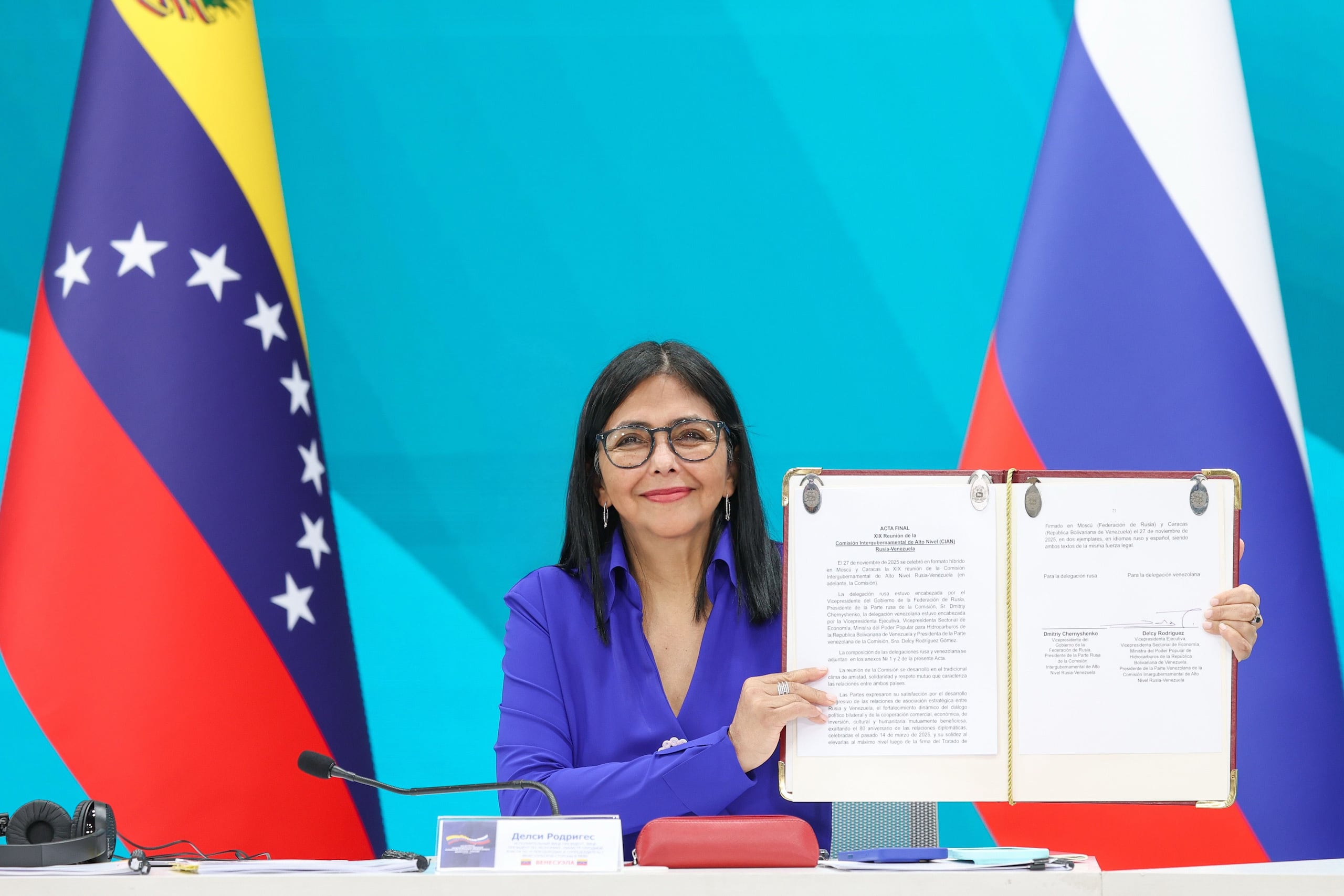 La vicepresidenta ejecutiva venezolana, Delcy Rodríguez, durante la decimonovena edición de la Comisión Intergubernamental de Alto Nivel Rusia-Venezuela. (EFE/Vicepresidencia de Venezuela)